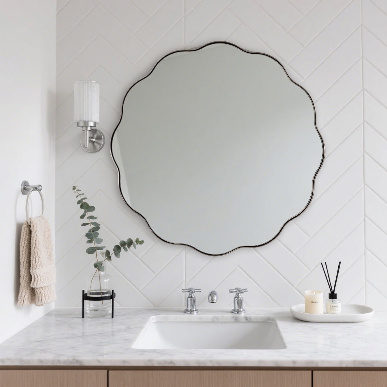 Contemporary Round Scalloped Mirror Wavy Circle Bathroom Vanity Mirror | Stainless Steel Frame
