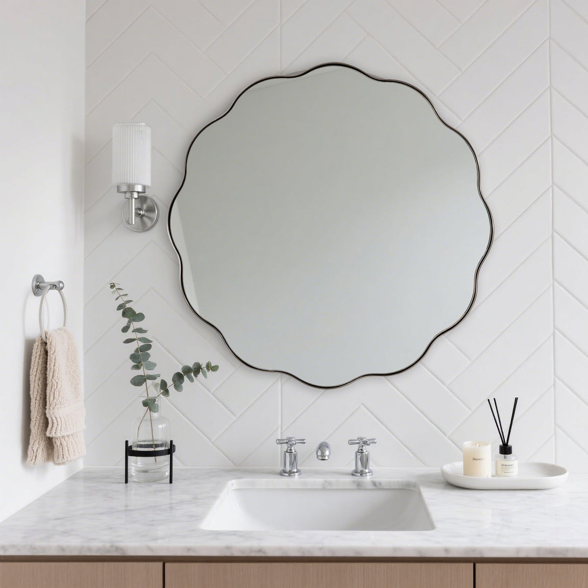 Contemporary Round Scalloped Mirror Wavy Circle Bathroom Vanity Mirror | Stainless Steel Frame