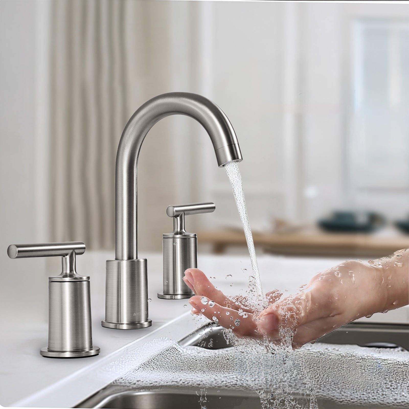 ANDY STAR Bathroom Faucet 3 Hole, 360 Degree Swivel Spout Bathroom Sink Faucet with 2 Level Handle of Hot&Cold Water Control