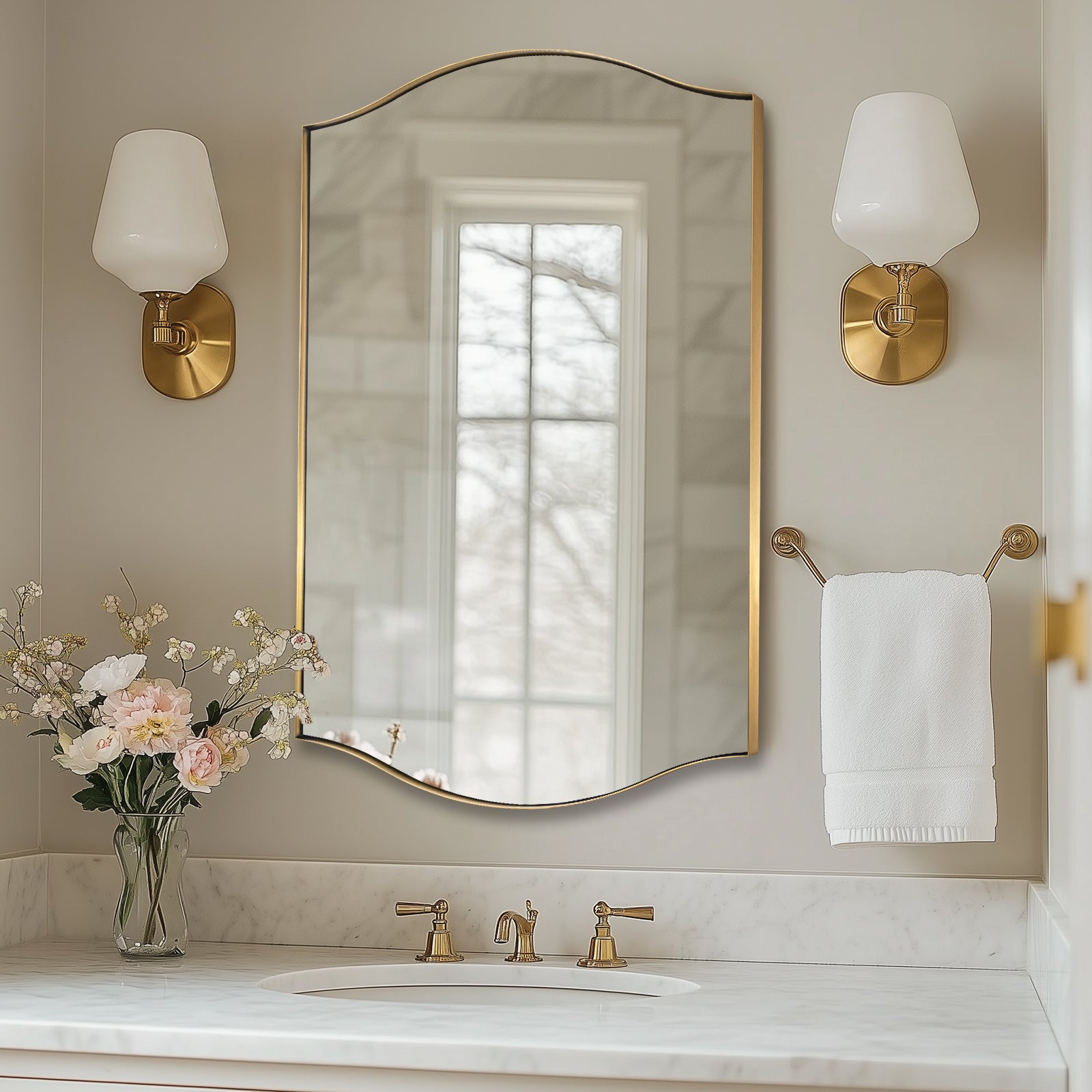 Dual Curve Arch Rectangular Scalloped Bathroom Wall Mirror |Stainless Steel Framed