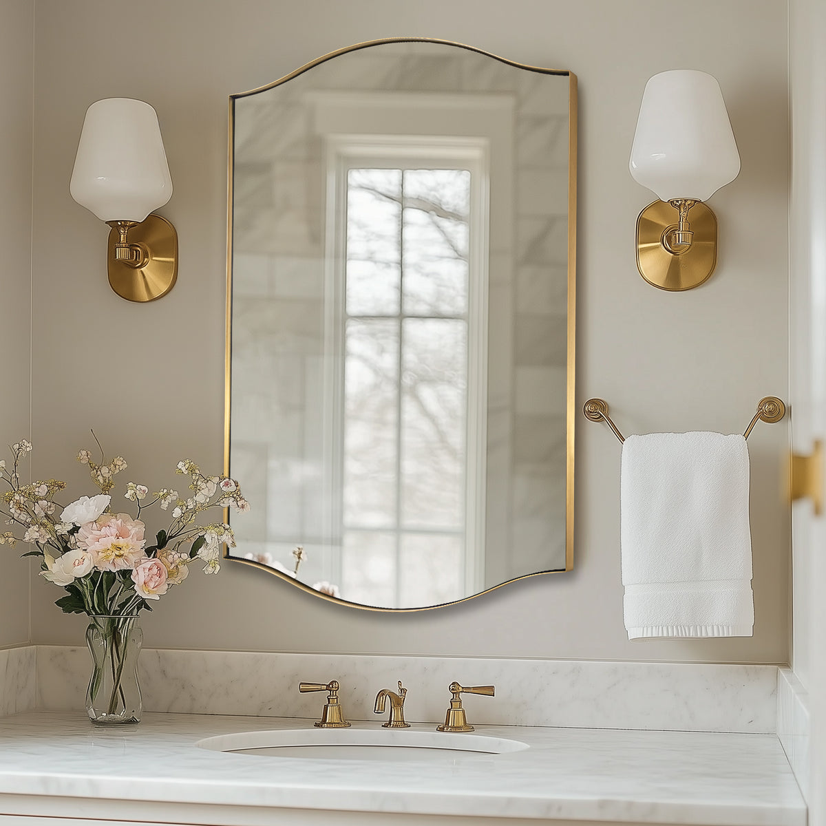 Dual Curve Arch Rectangular Scalloped Bathroom Wall Mirror |Stainless Steel Framed