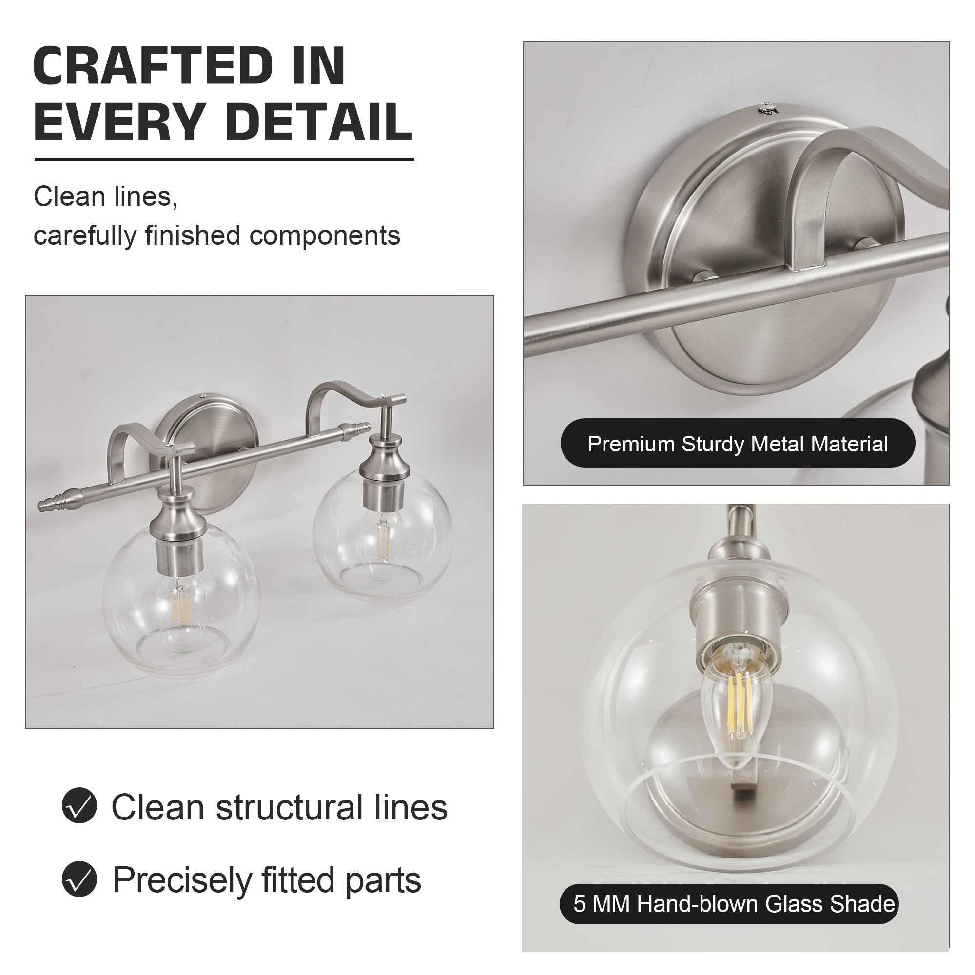 Modern Clear Globe Glass Shade Metal Crank Frame Bathroom Sconces
