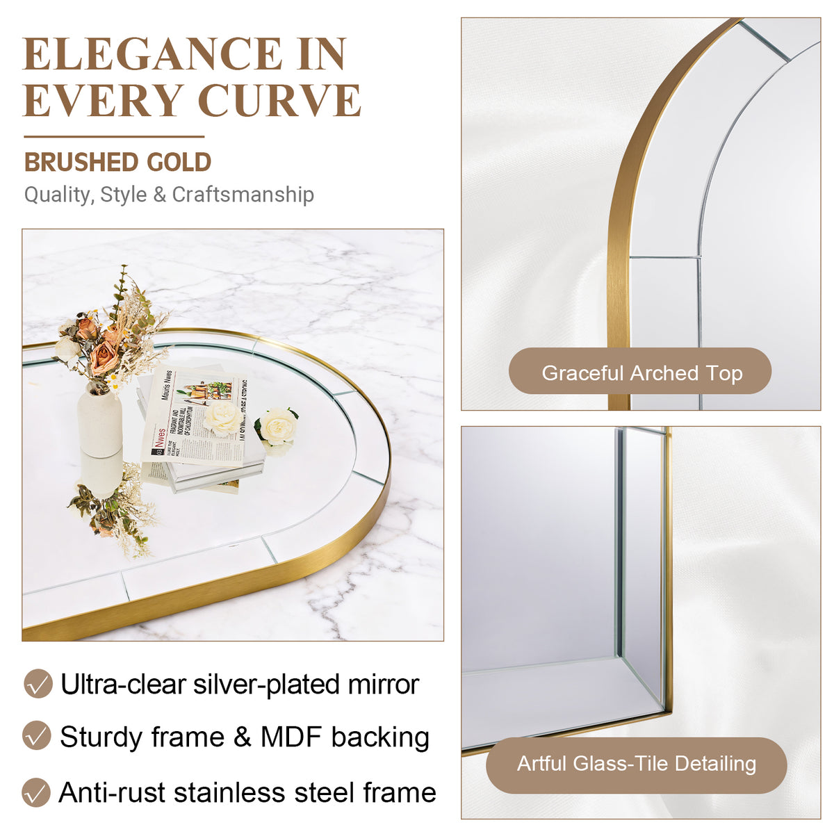 Glass Tile Edge Arched Mirror Bathroom Vanity Mirror | Stainless Steel Frame