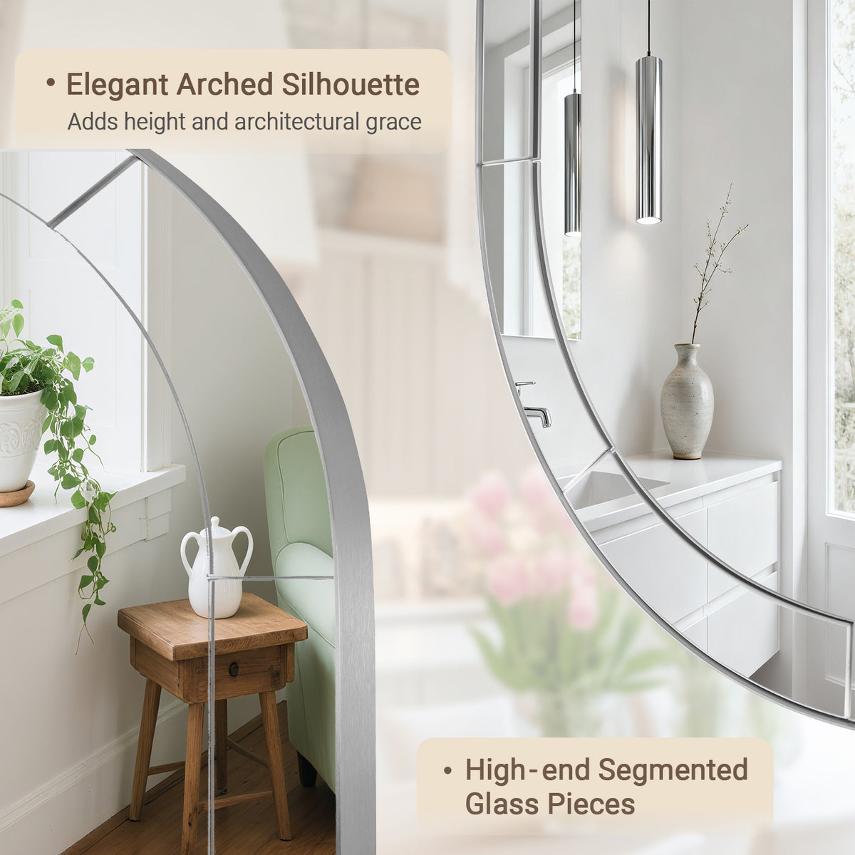 Glass Tile Edge Arched Mirror Bathroom Vanity Mirror | Stainless Steel Frame