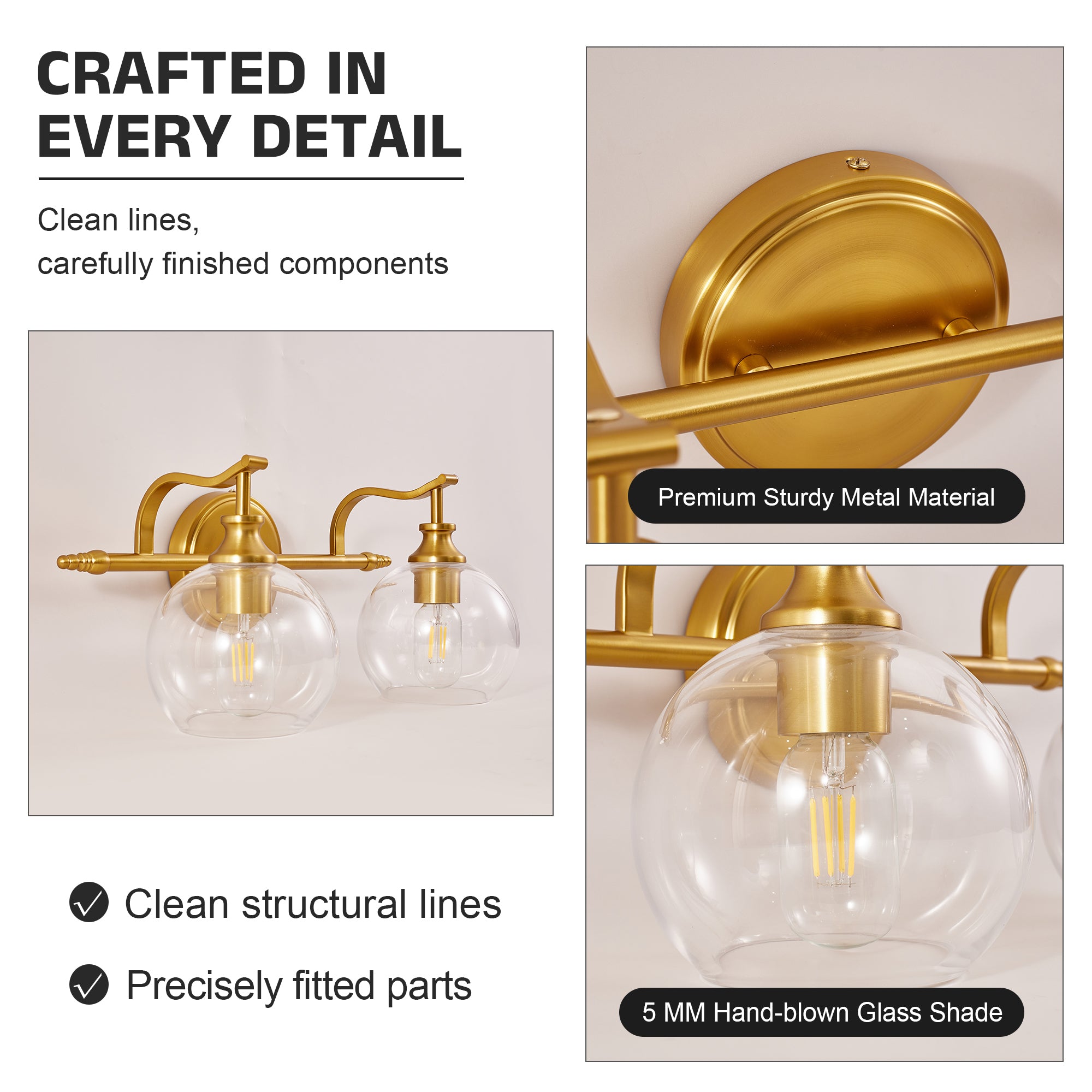 Modern Clear Globe Glass Shade Metal Crank Frame Bathroom Sconces