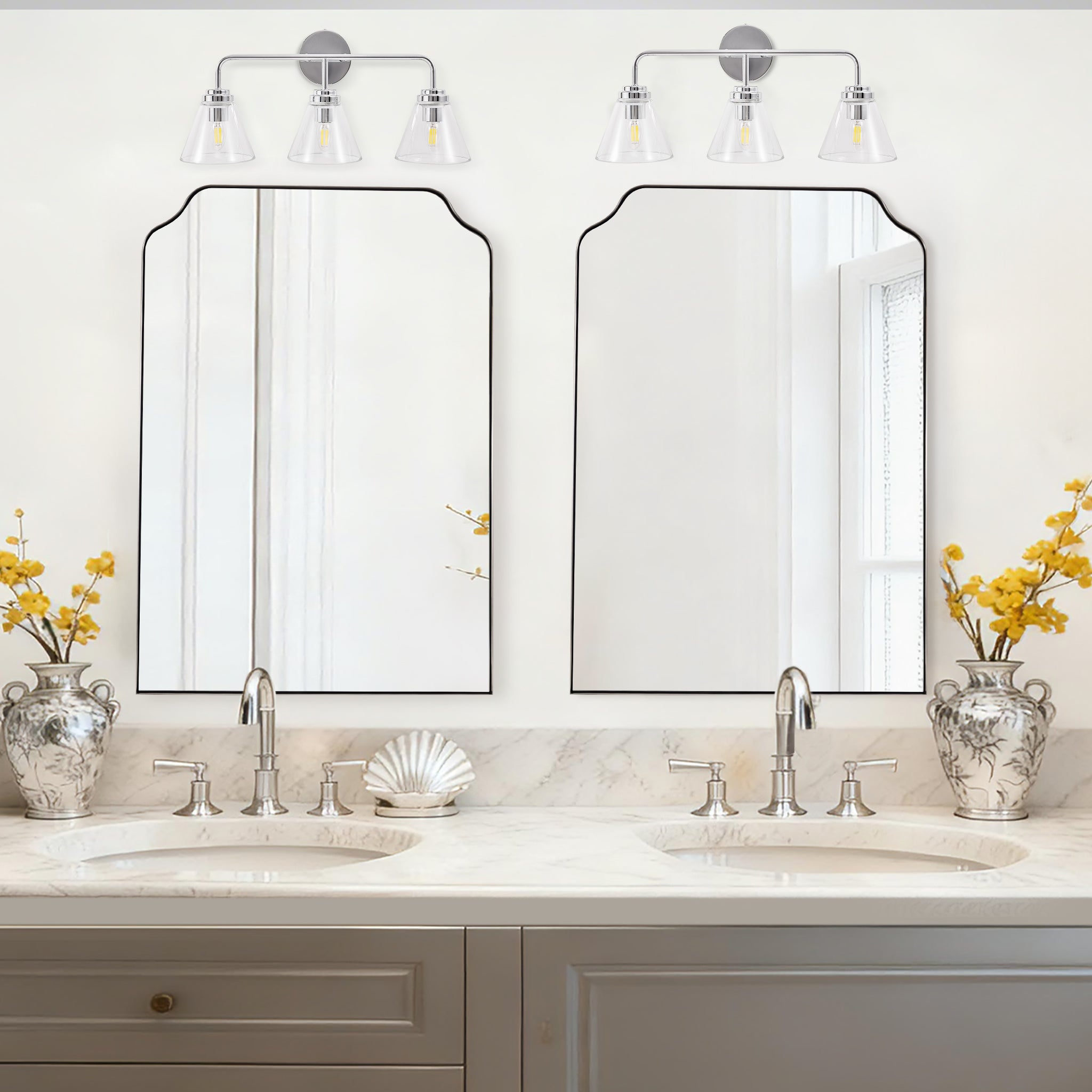 Modern Top Notched Corner Scalloped Bathroom Rectangle Vanity Wall Mirror | Stainless Steel Frame