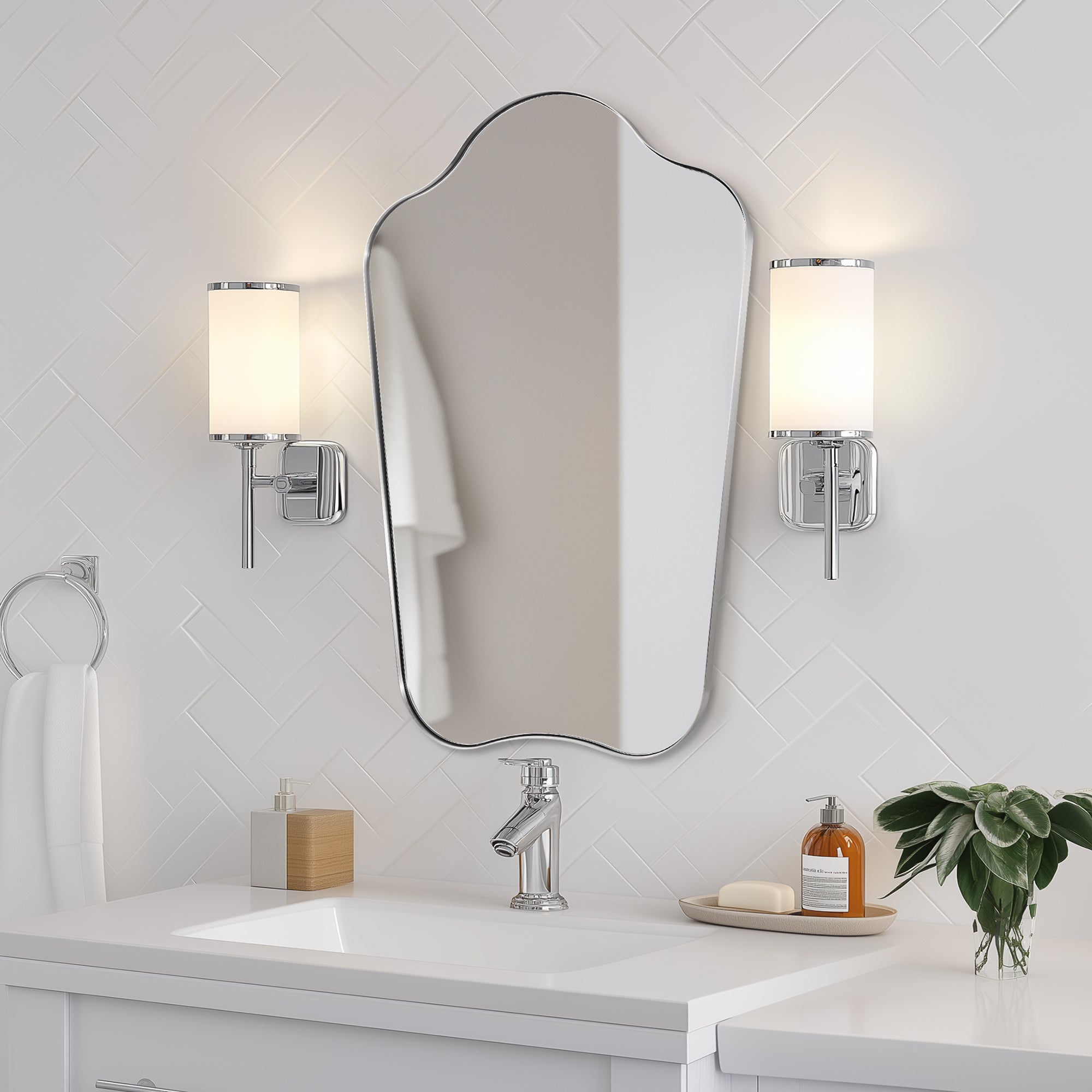 Contemporary Dual Arch Wall Mirror Irregular Scalloped Bathroom Mirror | Stainless Steel Frame