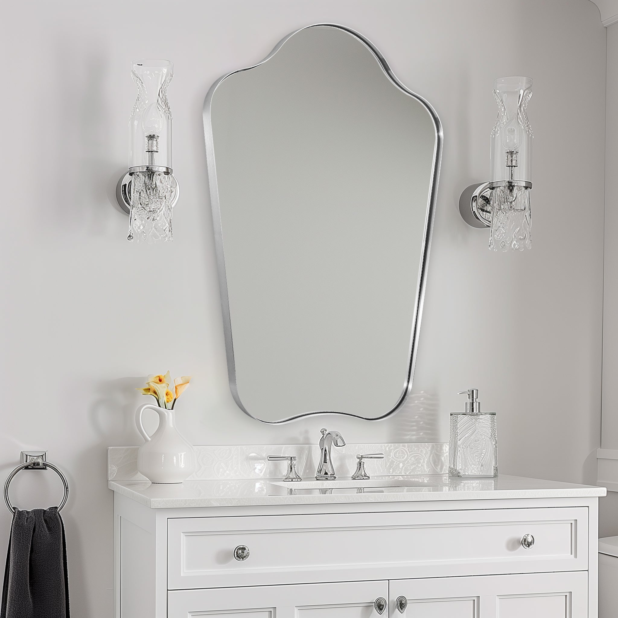 Open Box Like New:Contemporary Dual Arch Wall Mirror Scalloped Bathroom Mirror