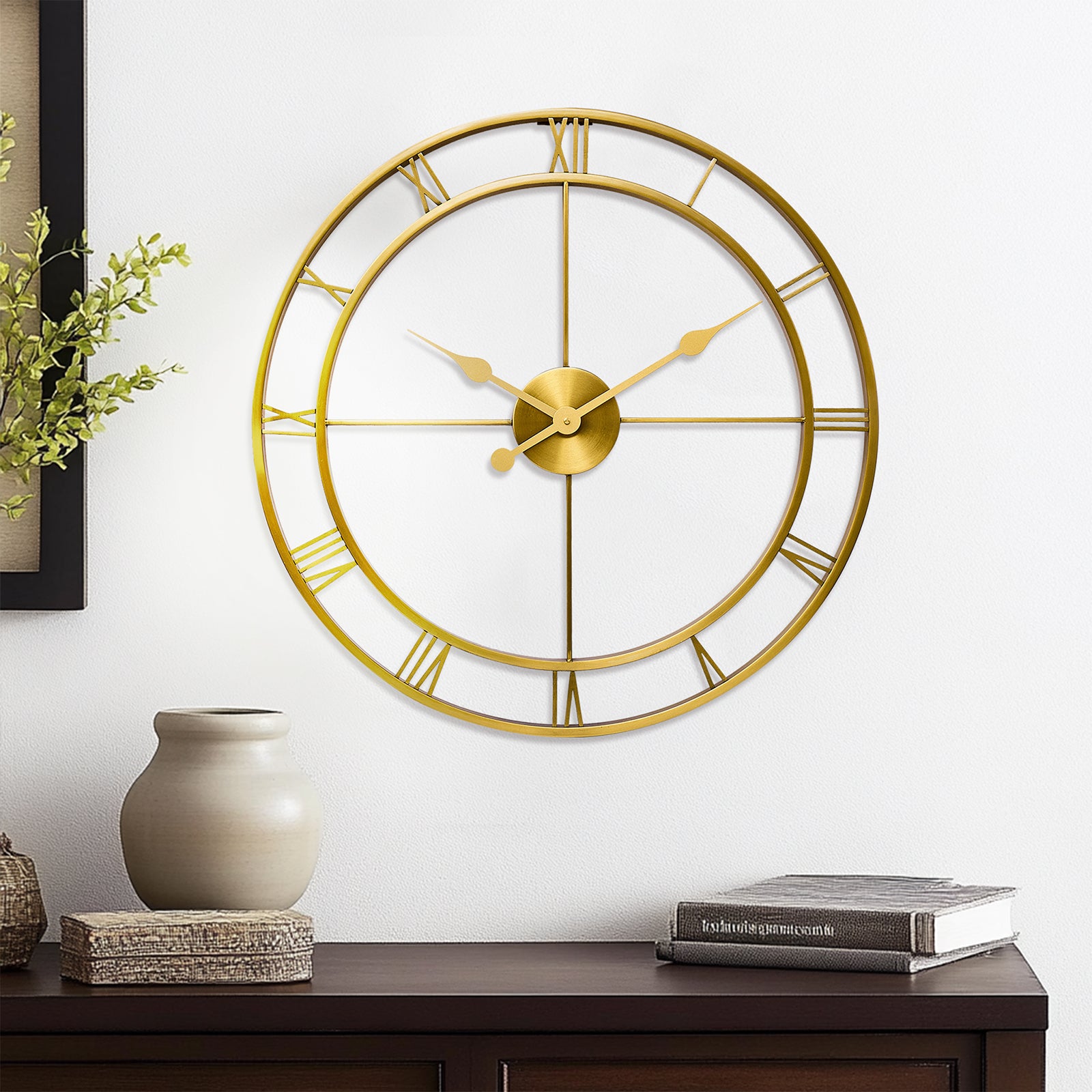 Retro Large Stainless Steel Round Hollow Metal Wall Clock Roman Numerals