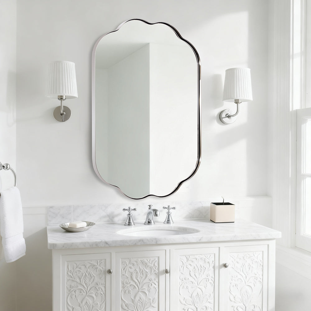 Contemporary Pill Shaped Long Oval Scalloped Bathroom Vanity Wall Mirror| Stainless Steel Framed