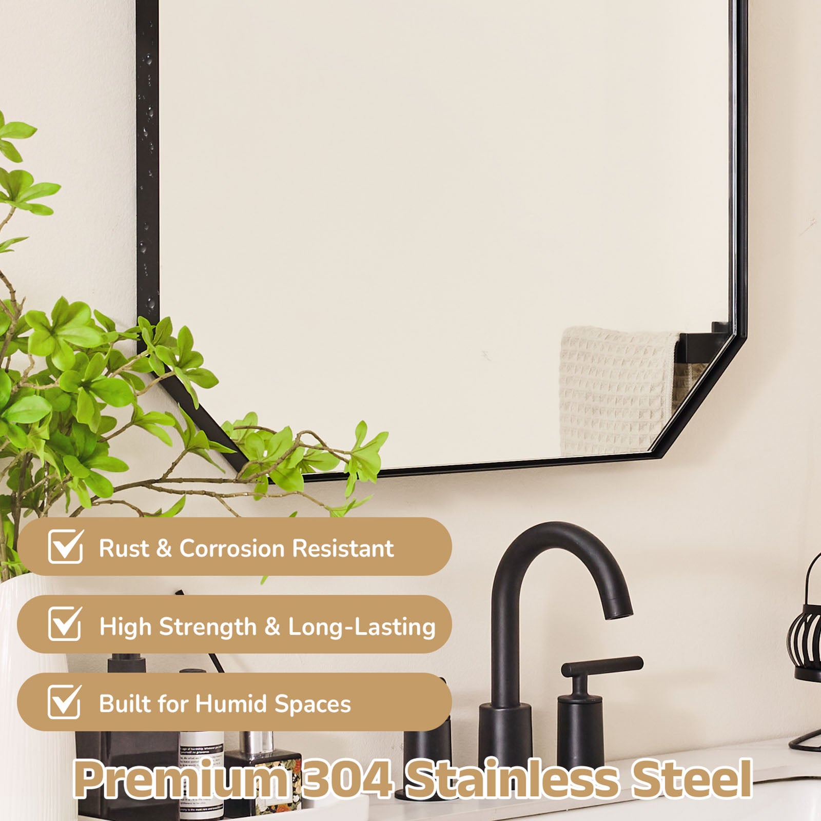 Contemporary Cut Corner Octagonal Scalloped Rectangle Mirror for Bathroom |Stainless Steel Frame