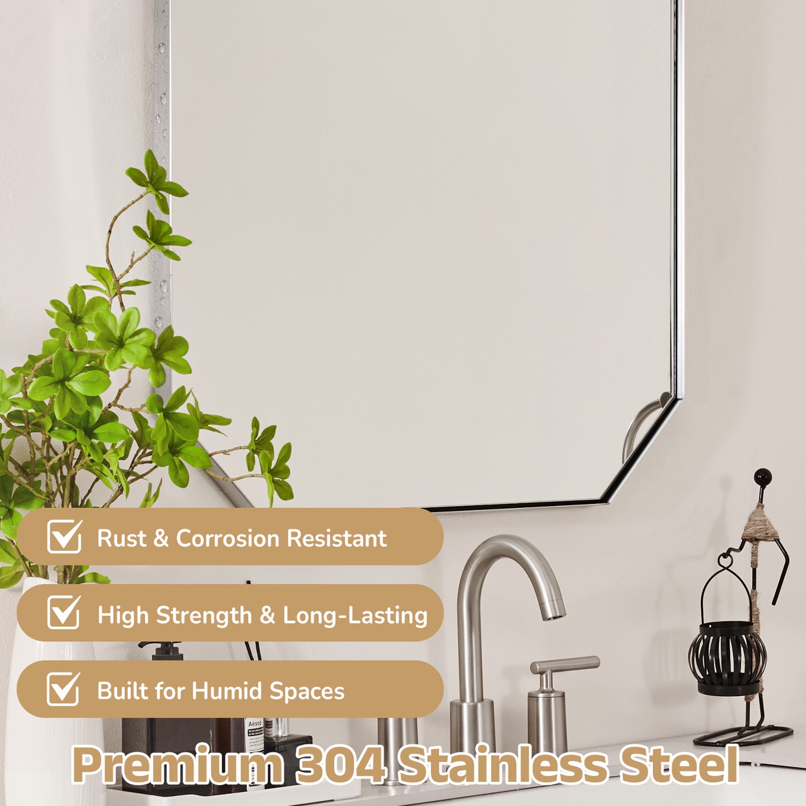 Contemporary Cut Corner Octagonal Scalloped Rectangle Mirror for Bathroom |Stainless Steel Frame