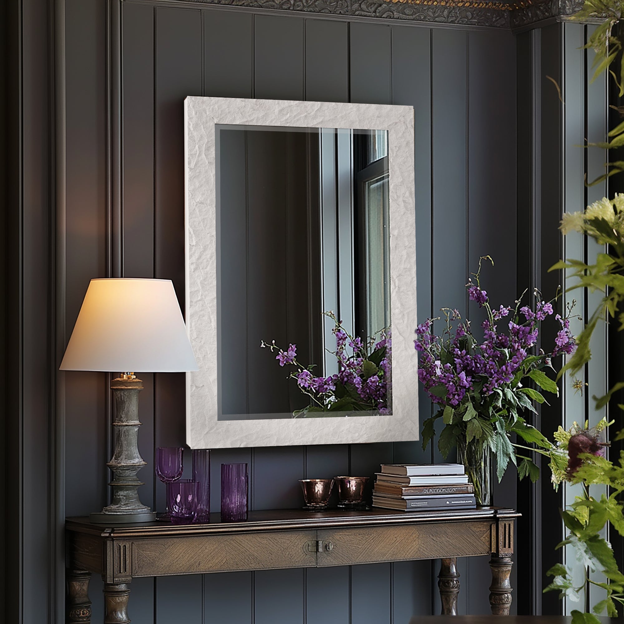 Contemporary White Plaster Thick Framed Rectangle Bathroom Mirror Decorative Beveled Mirror