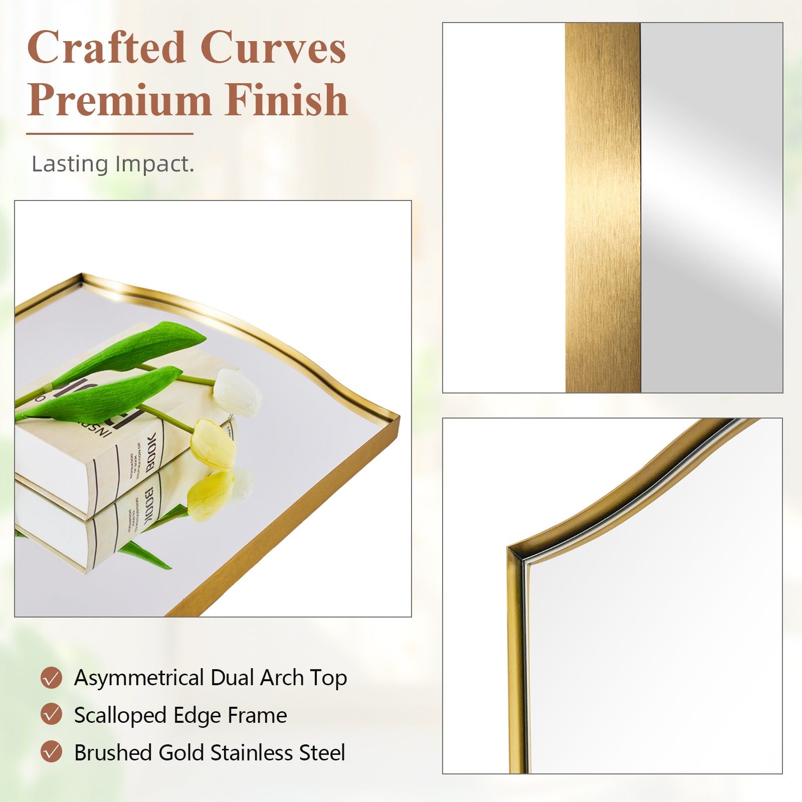 Dual Curve Arch Rectangular Scalloped Bathroom Wall Mirror |Stainless Steel Framed