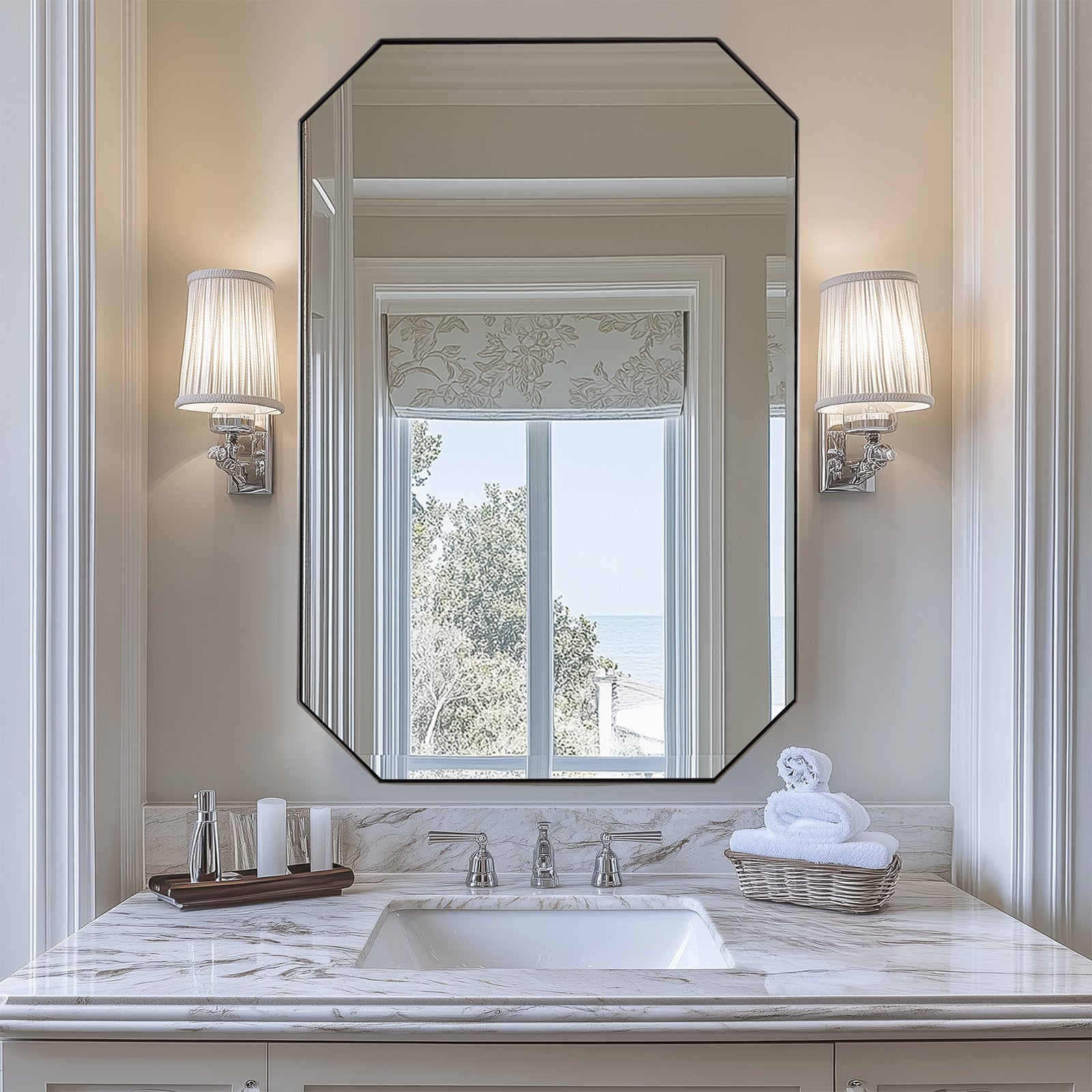 Contemporary Cut Corner Octagonal Scalloped Rectangle Mirror for Bathroom |Stainless Steel Frame