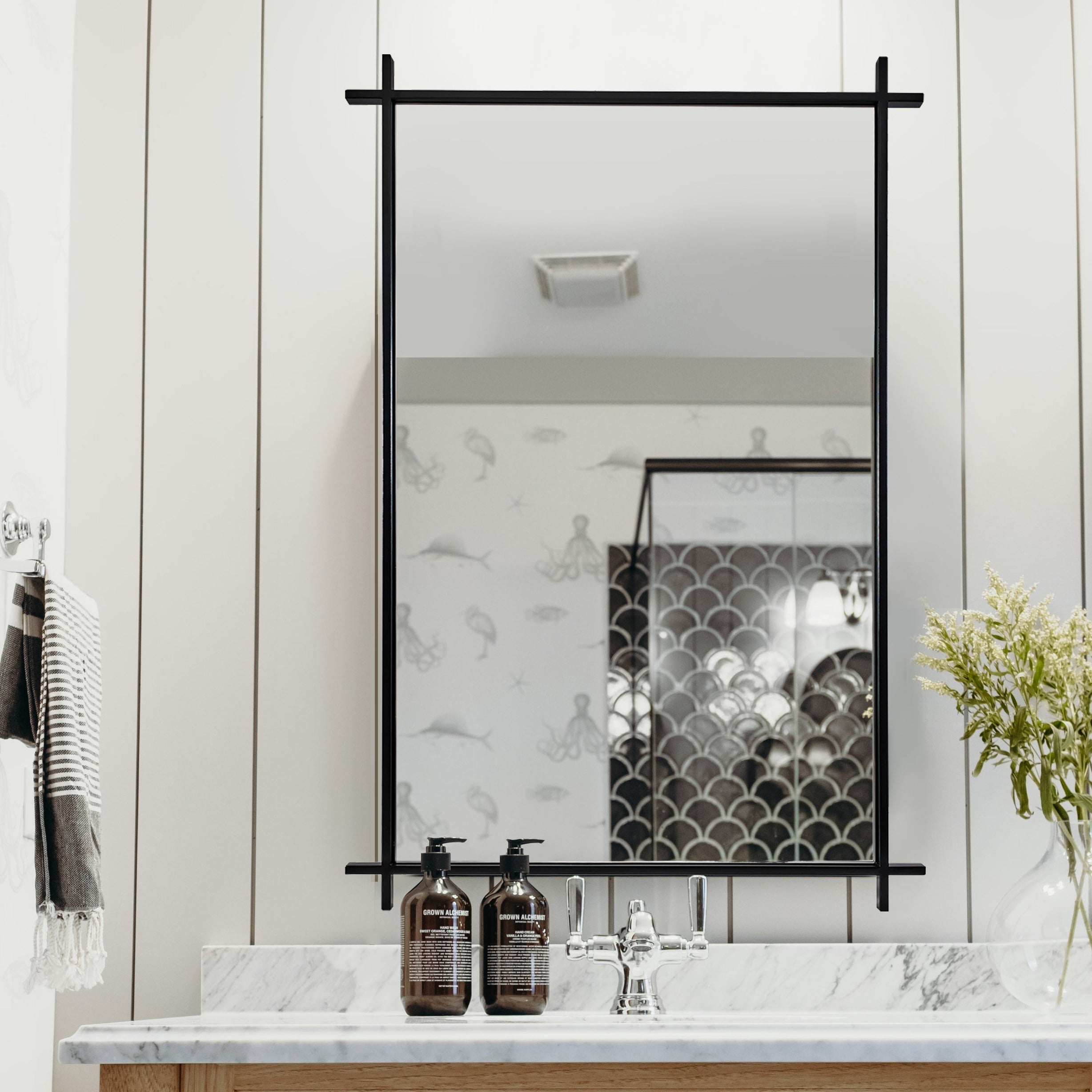 Open Box Like New:Vintage Cross Corner Metal Framed Rectangle Wall Mirror