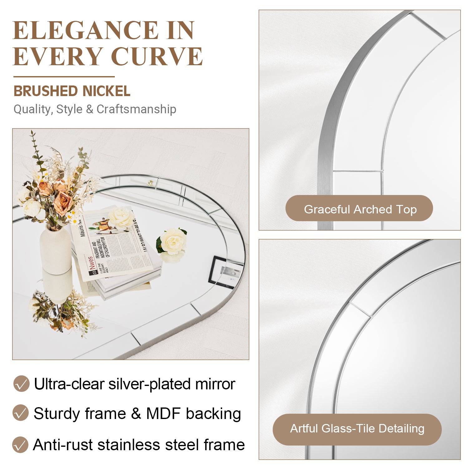 Minuette Glass Tile Edge Arched Mirror Bathroom Vanity Mirror | Stainless Steel Frame