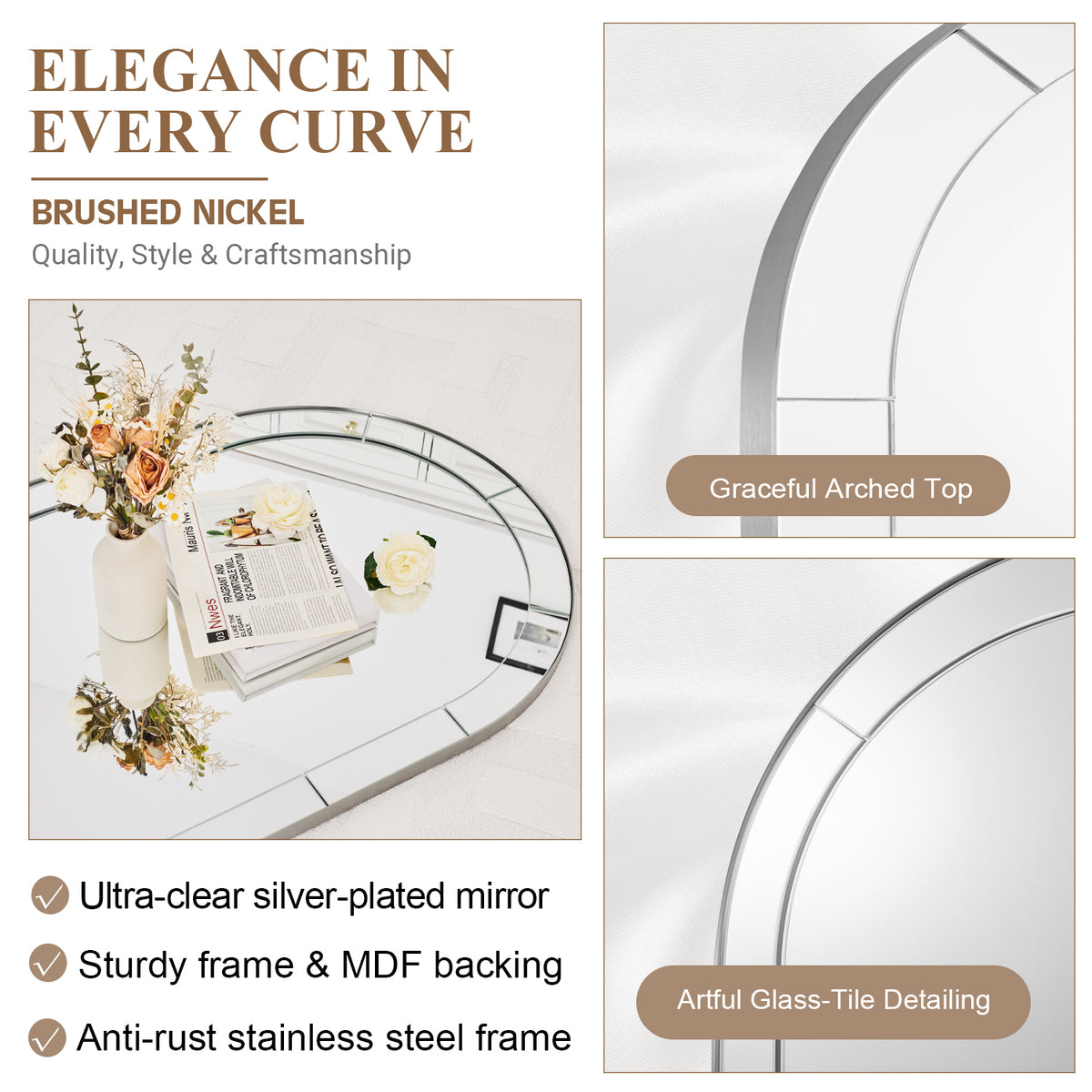 Glass Tile Edge Arched Mirror Bathroom Vanity Mirror | Stainless Steel Frame