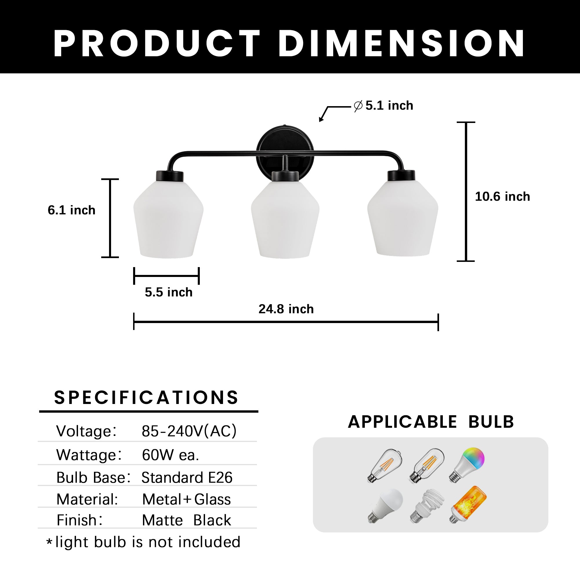 Contemporary Milk White Glass Shade Wall Sconce Bathroom Vanity Light Fixtures