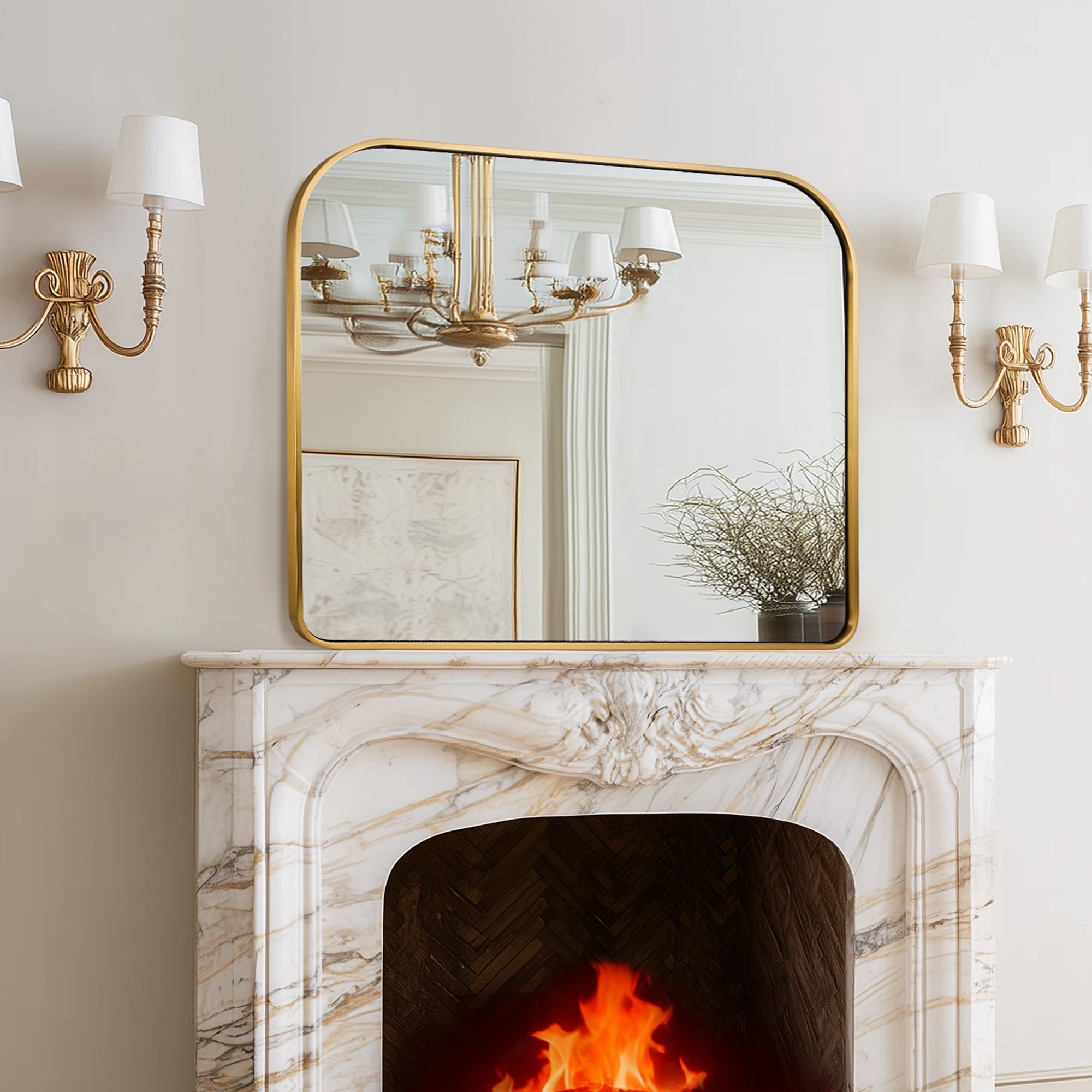 Anthropology Bold-Frame Wide Arch Mantel Mirror Bathroom Vanity Mirror ,Over the Fireplace | Stainless Steel Frame