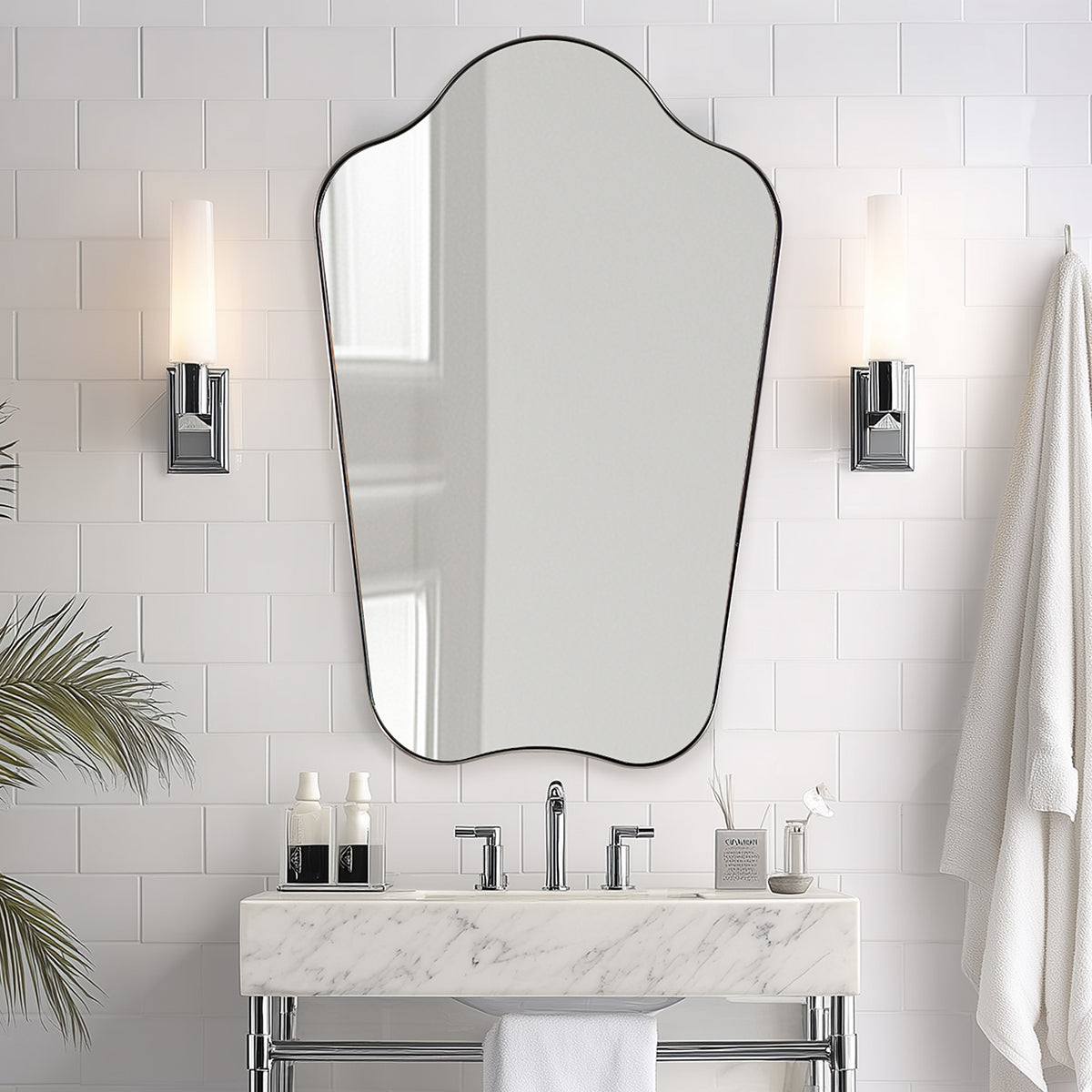Open Box Like New:Contemporary Dual Arch Wall Mirror Scalloped Bathroom Mirror