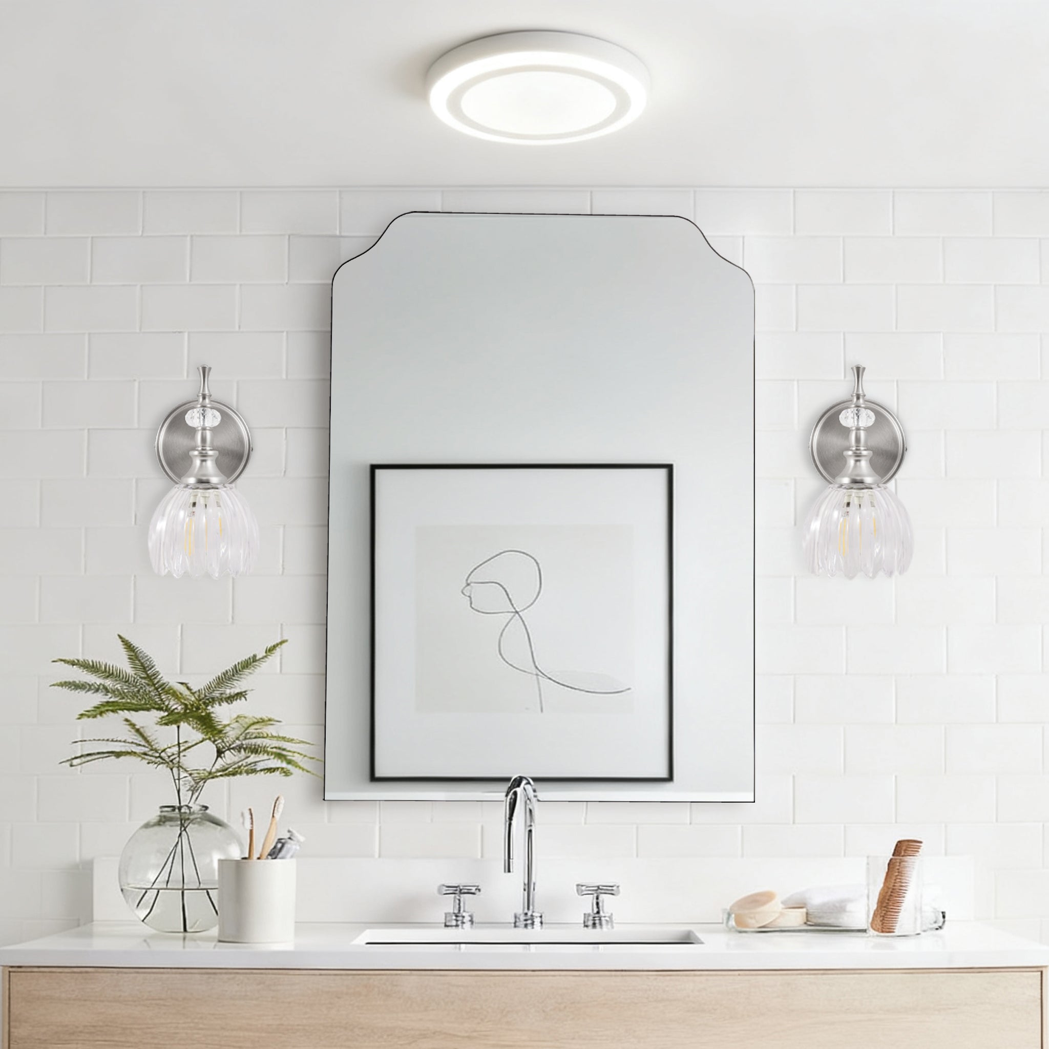 Modern Top Notched Corner Scalloped Bathroom Rectangle Vanity Wall Mirror | Stainless Steel Frame