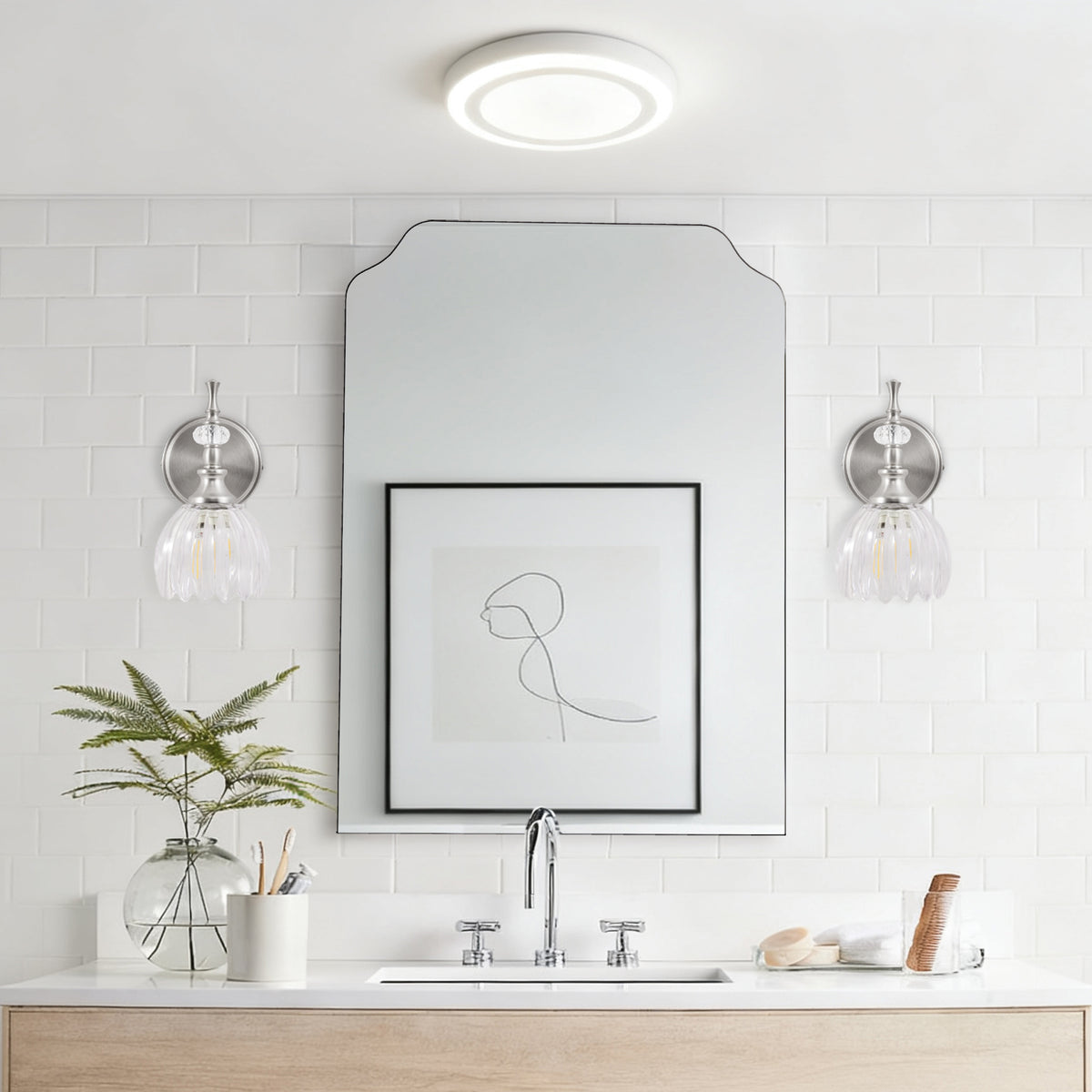 Contemporary Top Notched Corner Arch Scalloped Bathroom Vanity Mirror | Stainless Steel Frame