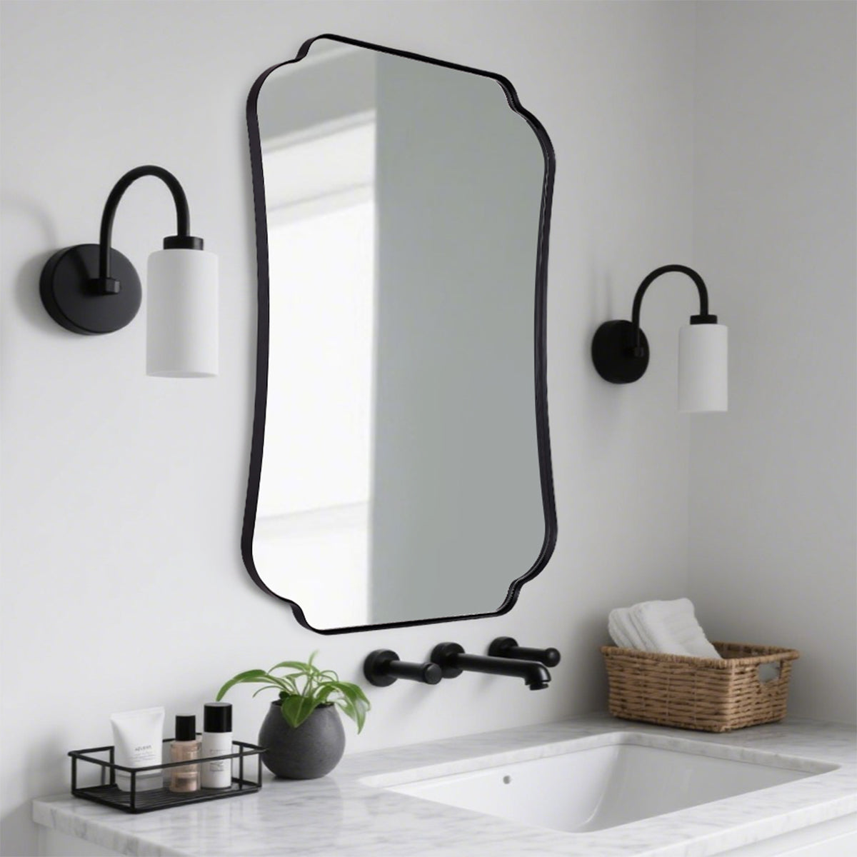 Contemporary Concave Edge Scalloped Bathroom Mirror Decorative | Stainless Steel Frame