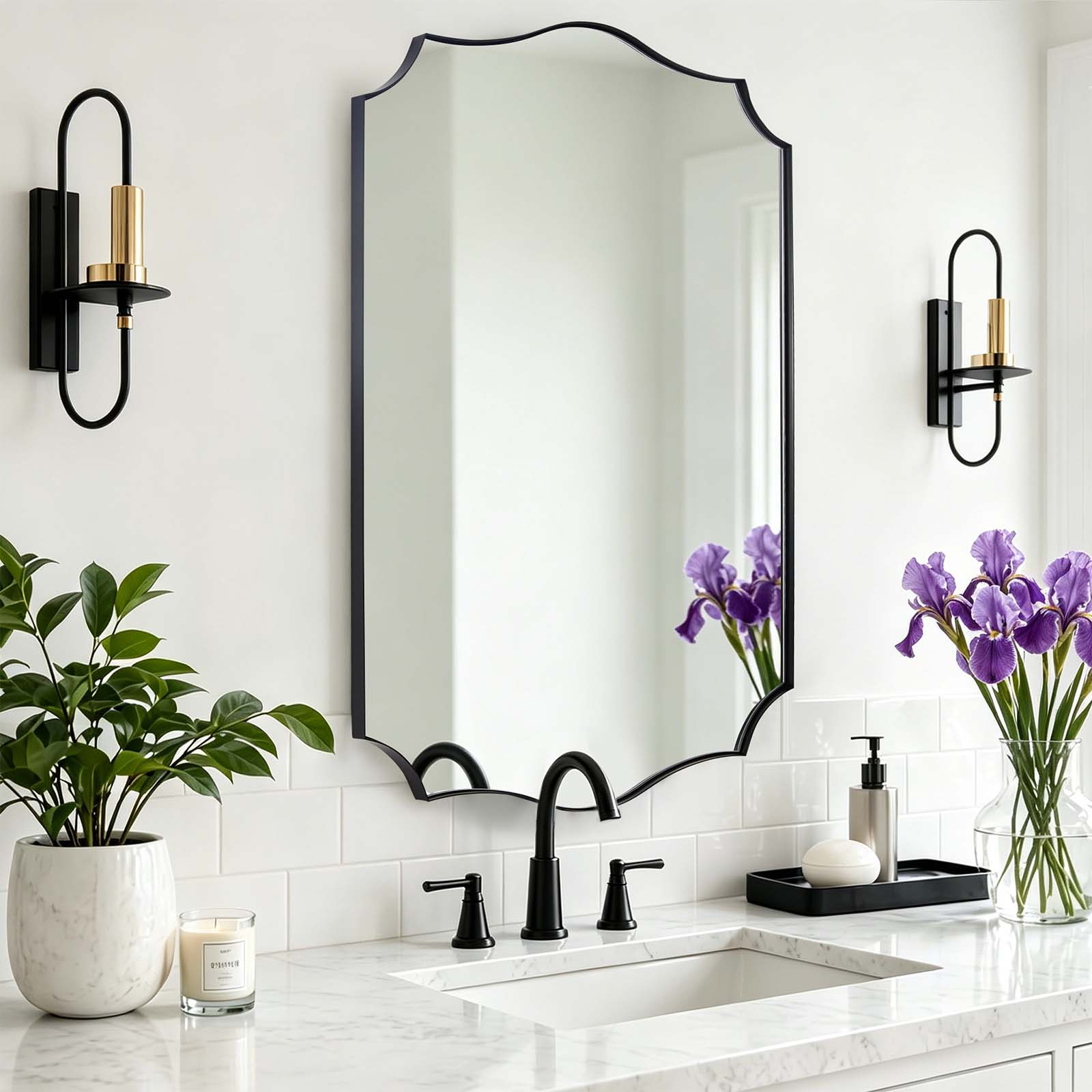 Traditional Rectangle Scalloped Wall Mirror for Bathroom | Stainless Steel Frame