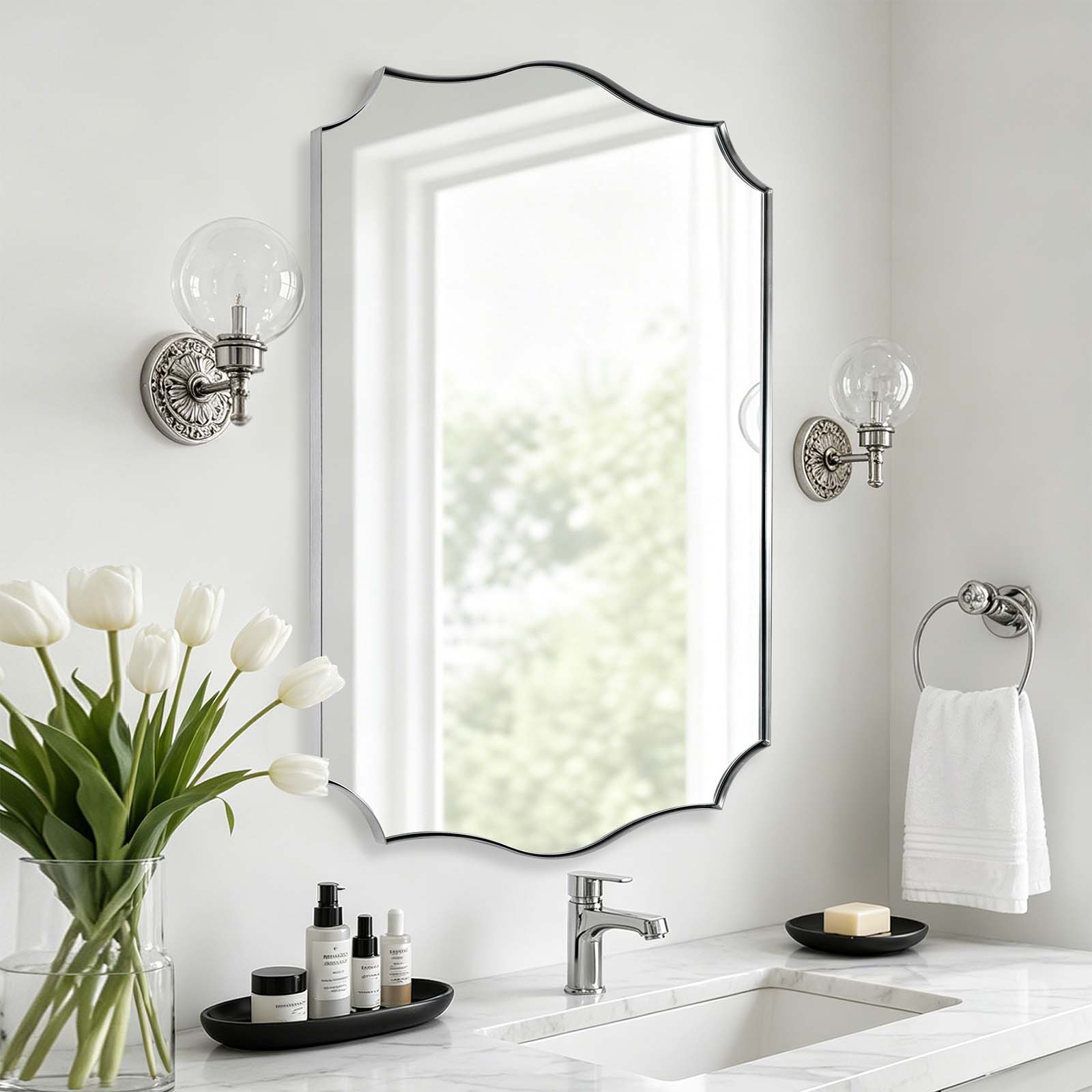 Traditional Rectangle Scalloped Wall Mirror for Bathroom | Stainless Steel Frame