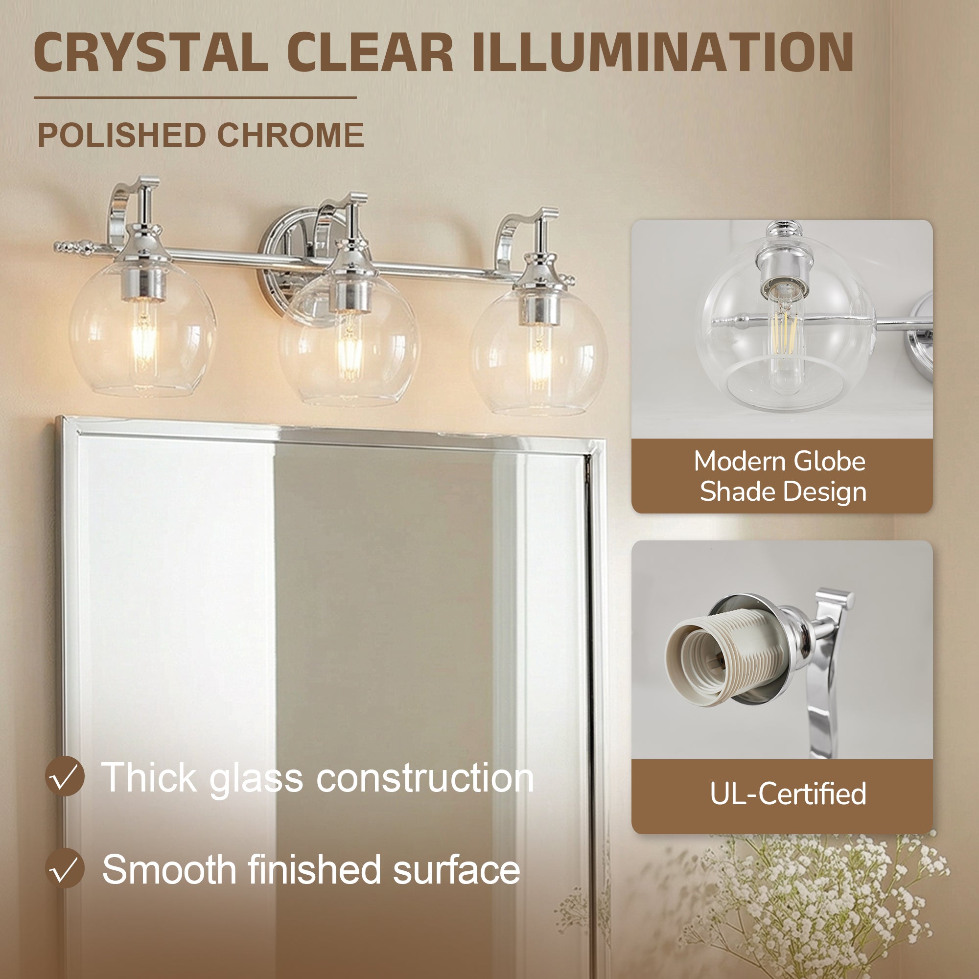 Modern Clear Globe Glass Shade Metal Crank Frame Bathroom Sconces