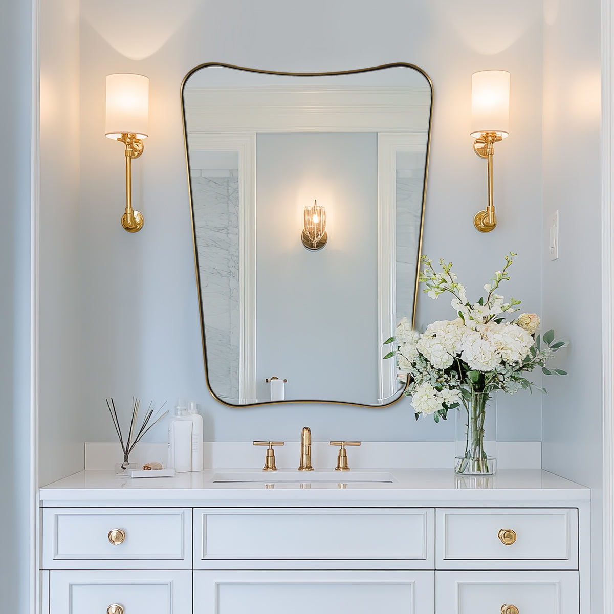 Contemporary Concave Scalloped Irregular Wall Mirror for Bathroom |Stainless Steel Frame