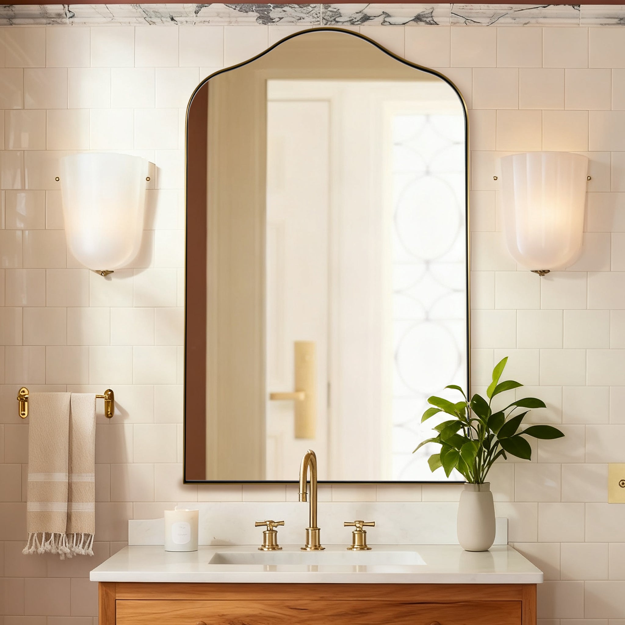 Contemporary Arch Top Curved Arched Bathroom Vanity Mirror | Stainless Steel Frame