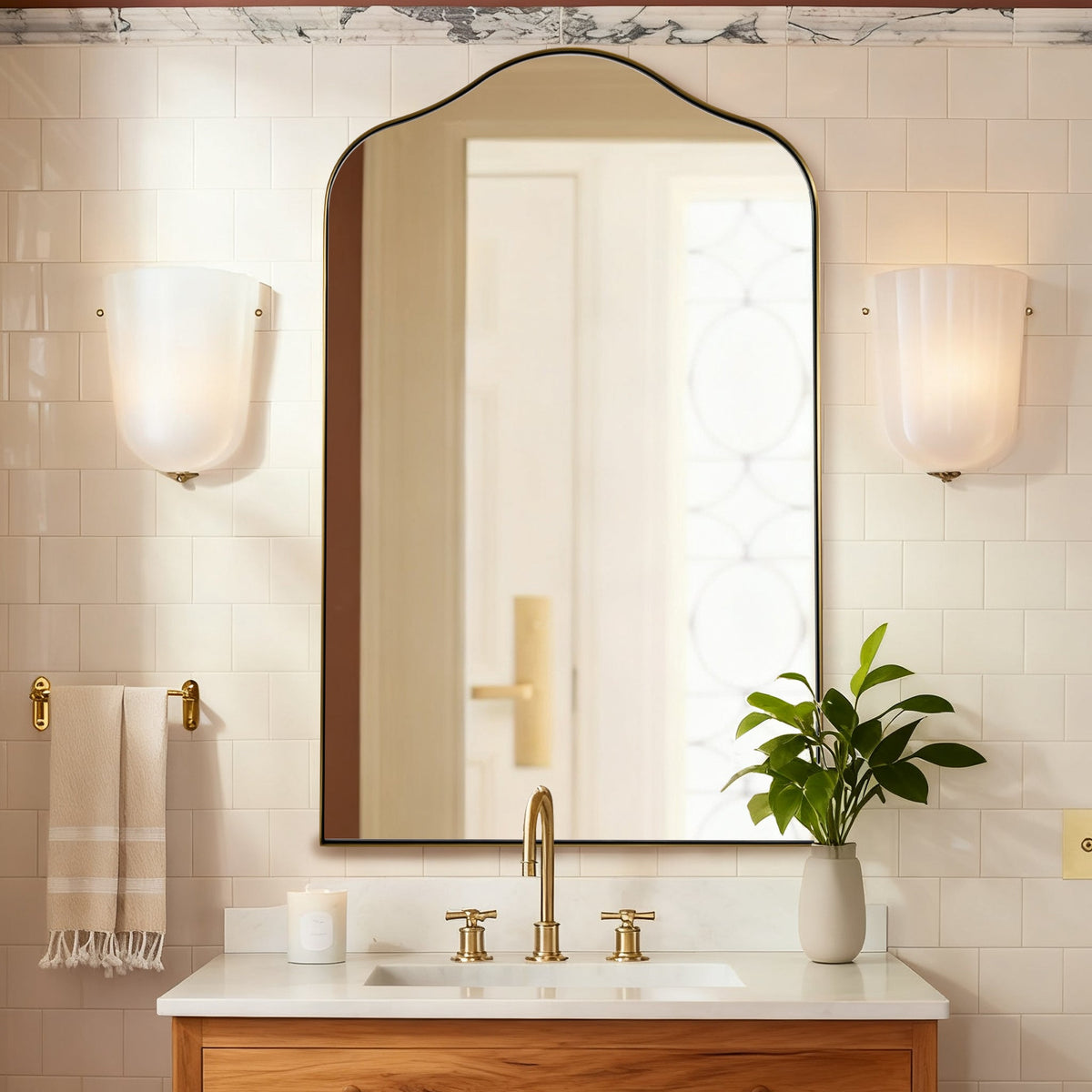 Contemporary Arch Top Curved Arched Bathroom Vanity Mirror | Stainless Steel Frame