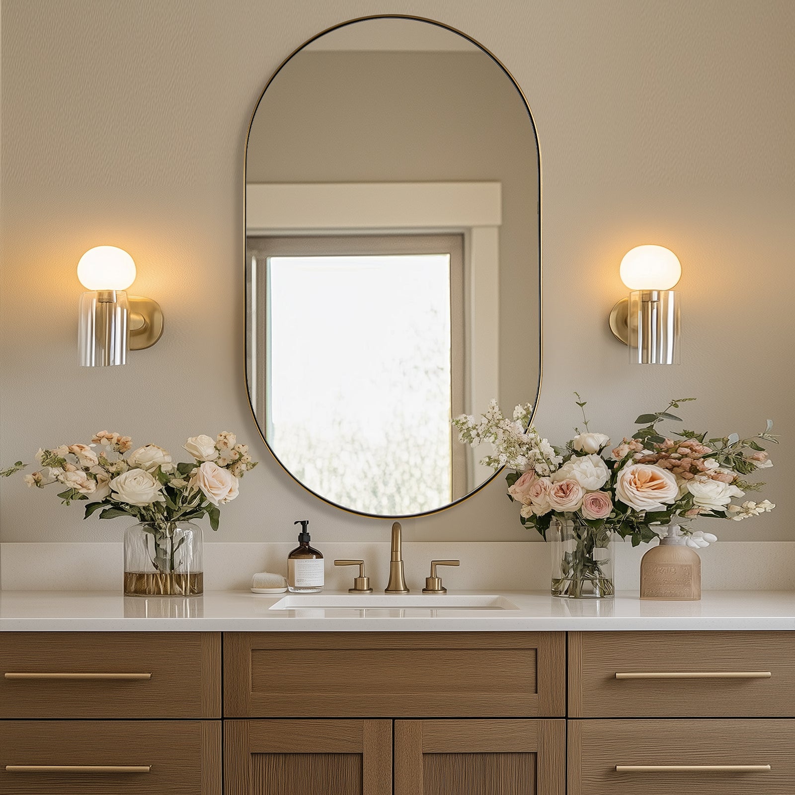 Modern Pill Shaped Capsule Wall Mirrors Long Oval Bathroom Vanity Mirror | Stainless Steel Frame