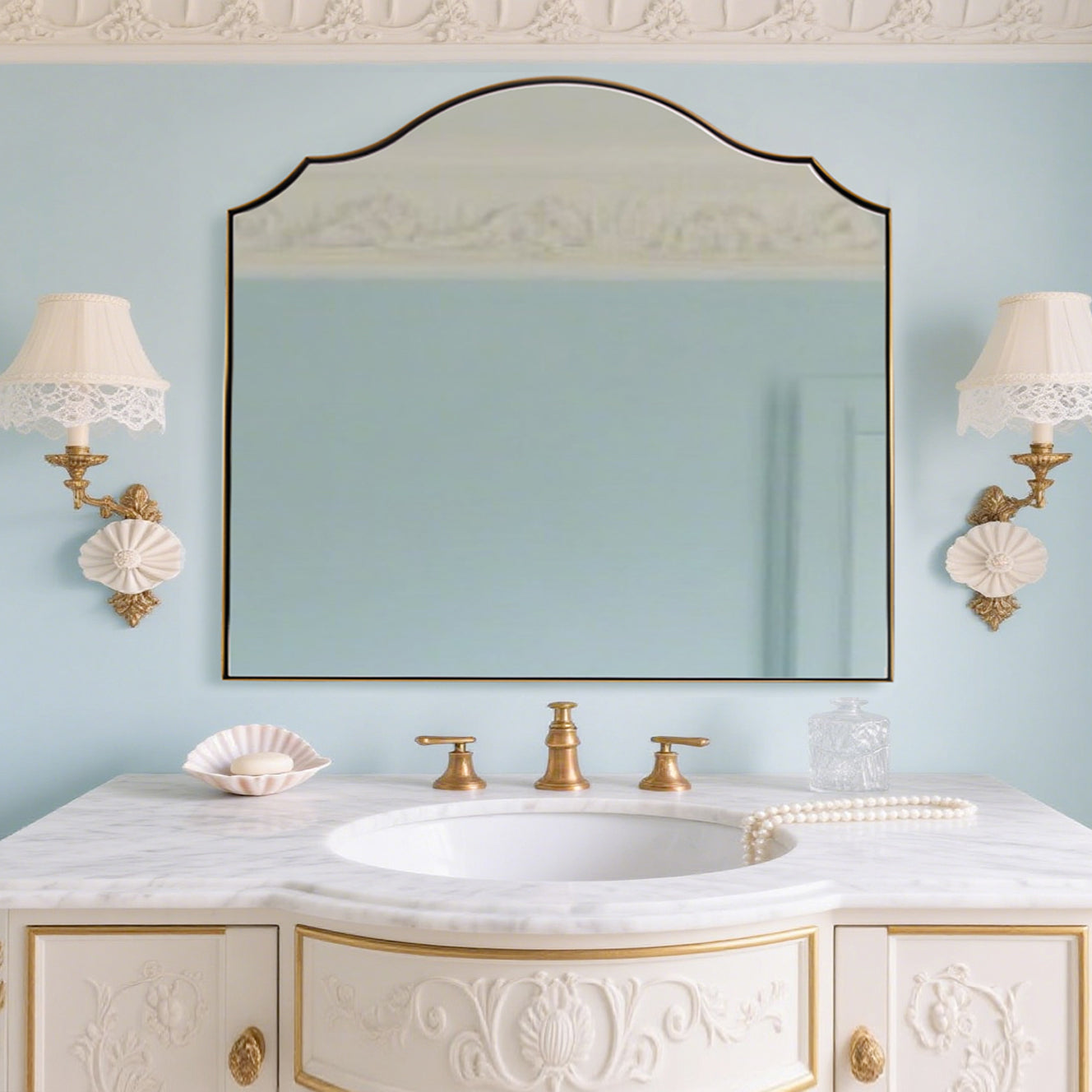 Contemporary Scalloped Arched Curved Mirror Bathroom Wall Mirror | Stainless Steel Frame