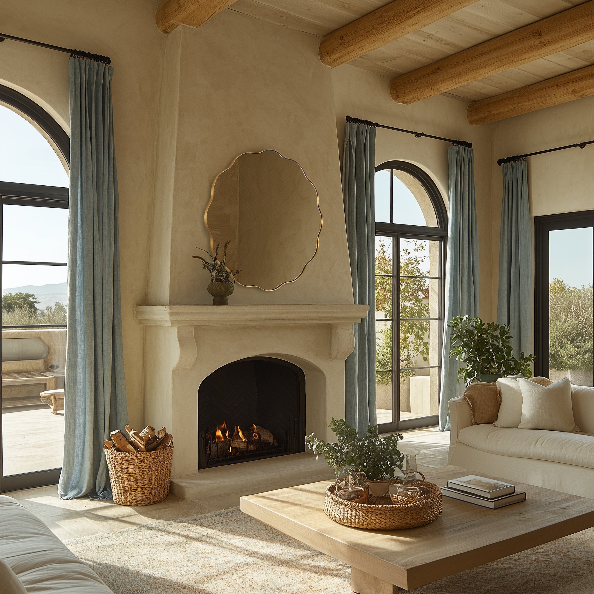 Contemporary Round Scalloped Mirror Wavy Circle Bathroom Vanity Mirror | Stainless Steel Frame