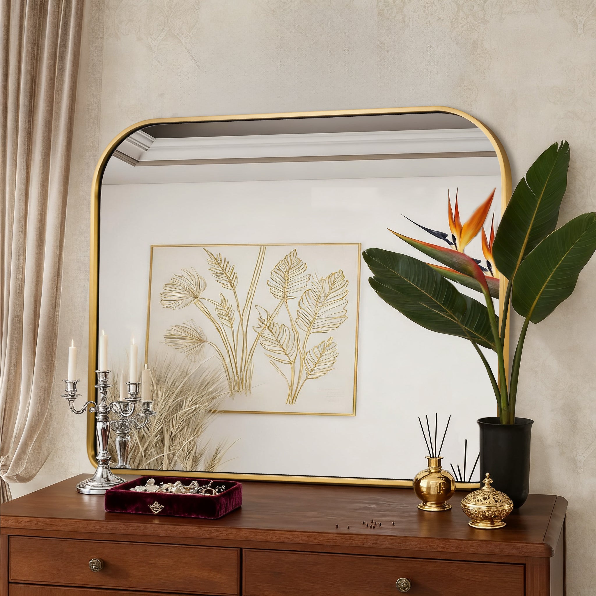 Anthropology Bold-Frame Wide Arch Mantel Mirror Bathroom Vanity Mirror ,Over the Fireplace | Stainless Steel Frame