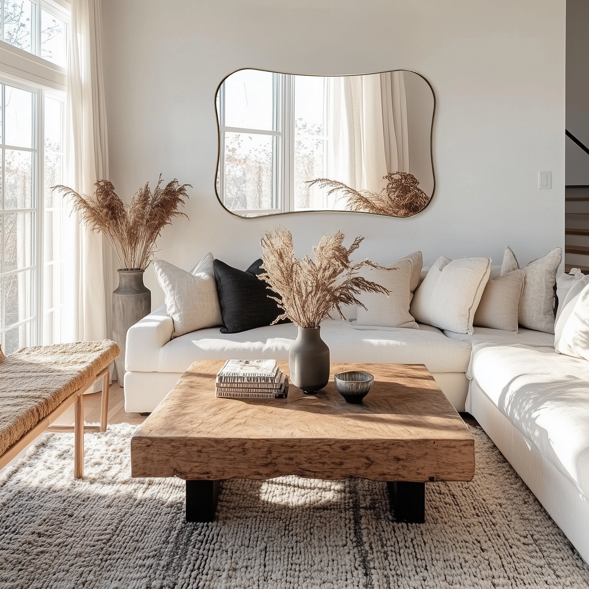 Contemporary Dual Concave Edge Rouded Scalloped Rectangle Wall Mirror | Stainless Steel Frame