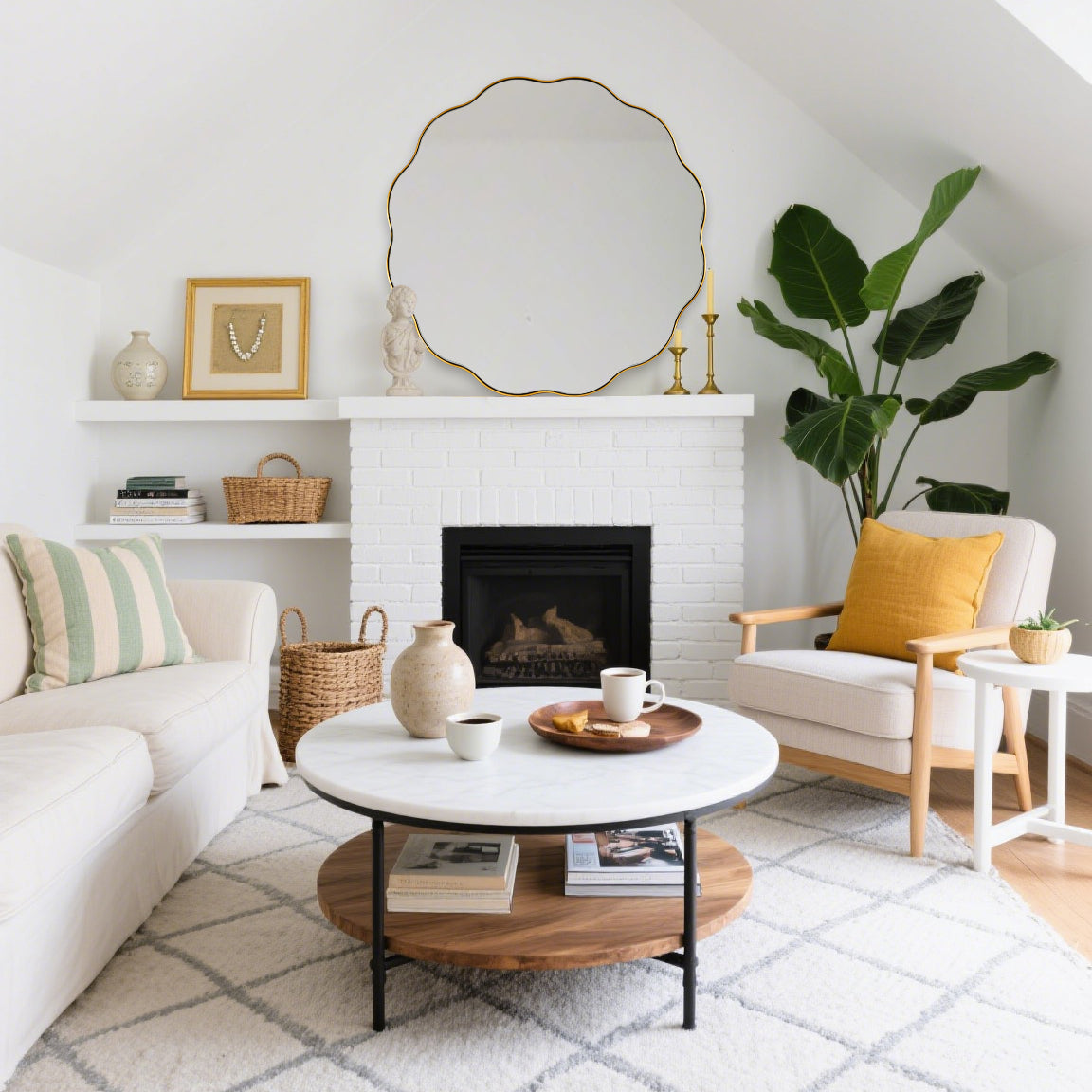 Contemporary Round Scalloped Mirror Wavy Circle Bathroom Vanity Mirror | Stainless Steel Frame