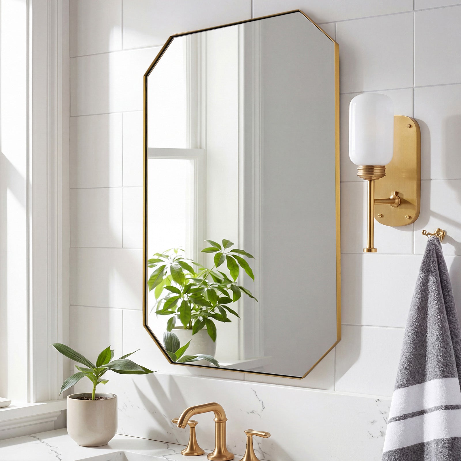 Contemporary Cut Corner Octagonal Scalloped Rectangle Mirror for Bathroom |Stainless Steel Frame