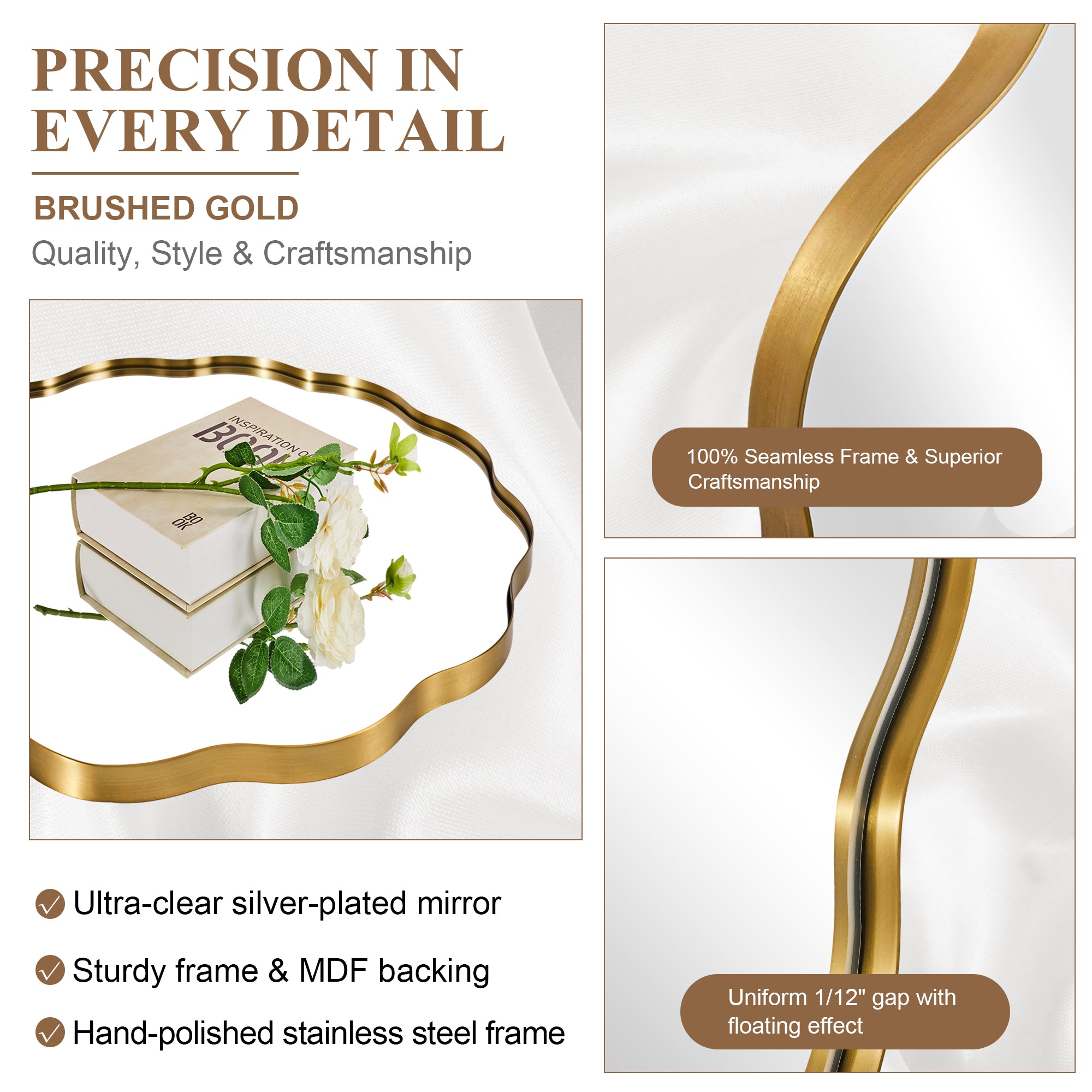 Contemporary Round Scalloped Mirror Wavy Circle Bathroom Vanity Mirror | Stainless Steel Frame