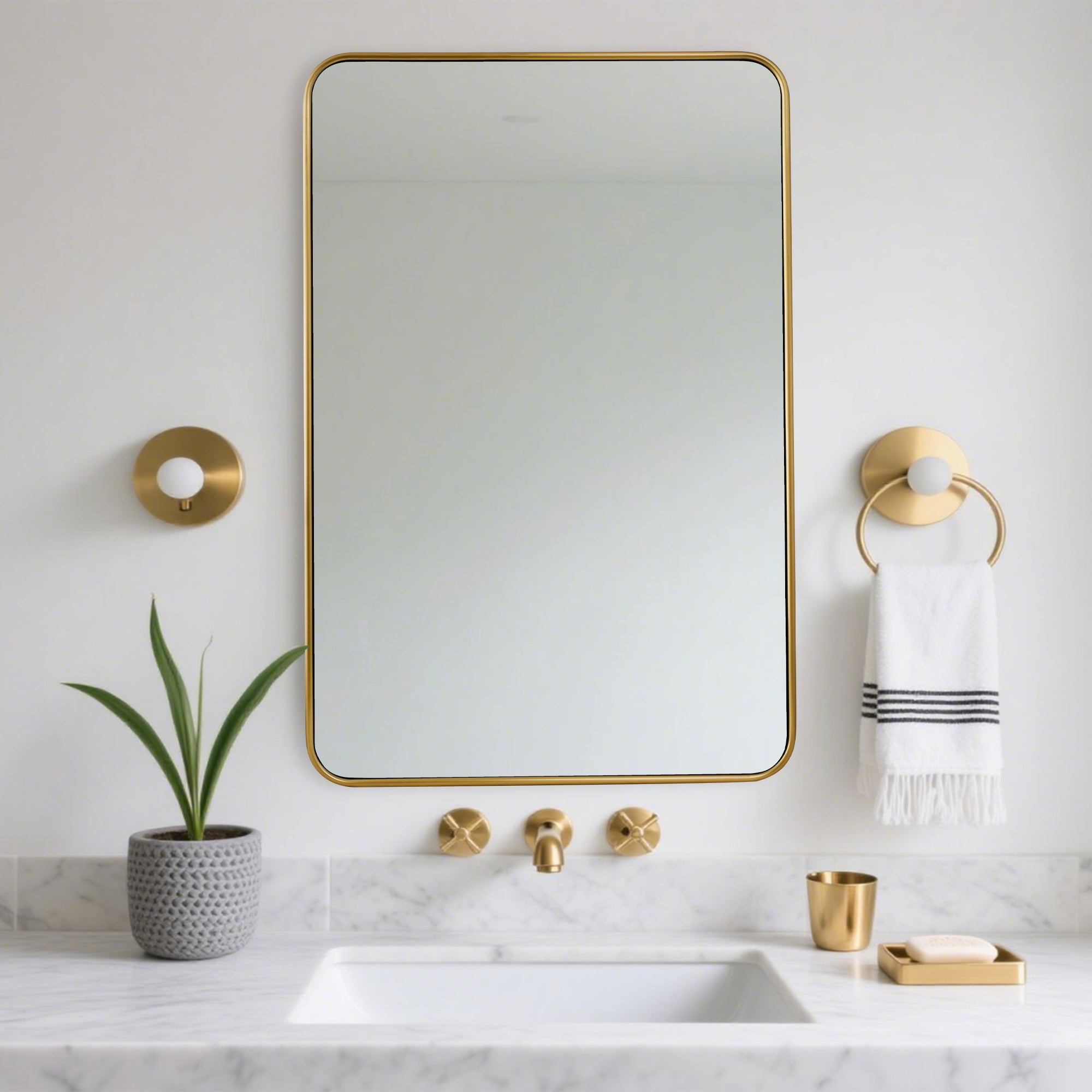 Contemporary Rounded Rectangular Bathroom Mirrors| Stainless Steel Thick Frame