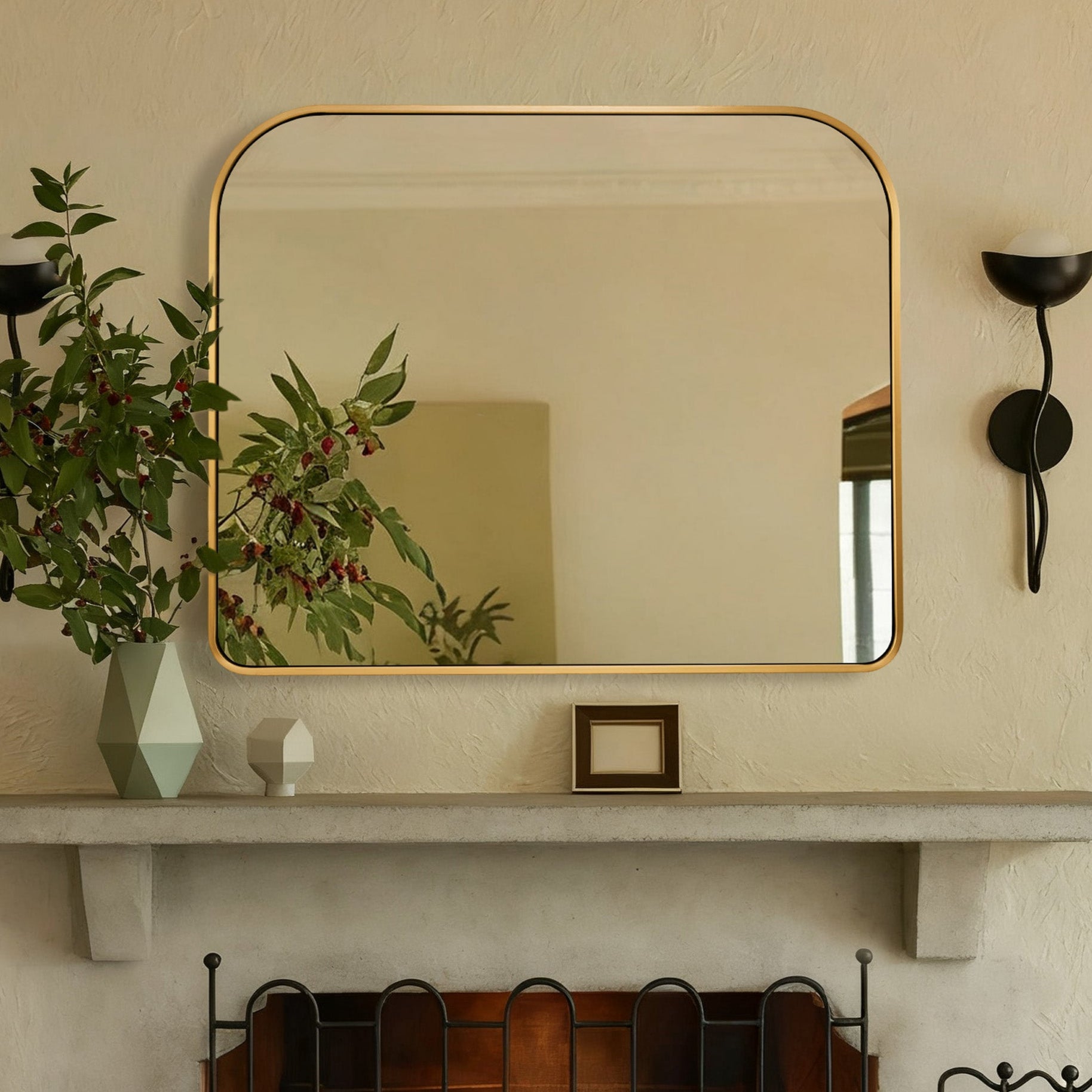 Anthropology Bold-Frame Wide Arch Mantel Mirror Bathroom Vanity Mirror ,Over the Fireplace | Stainless Steel Frame
