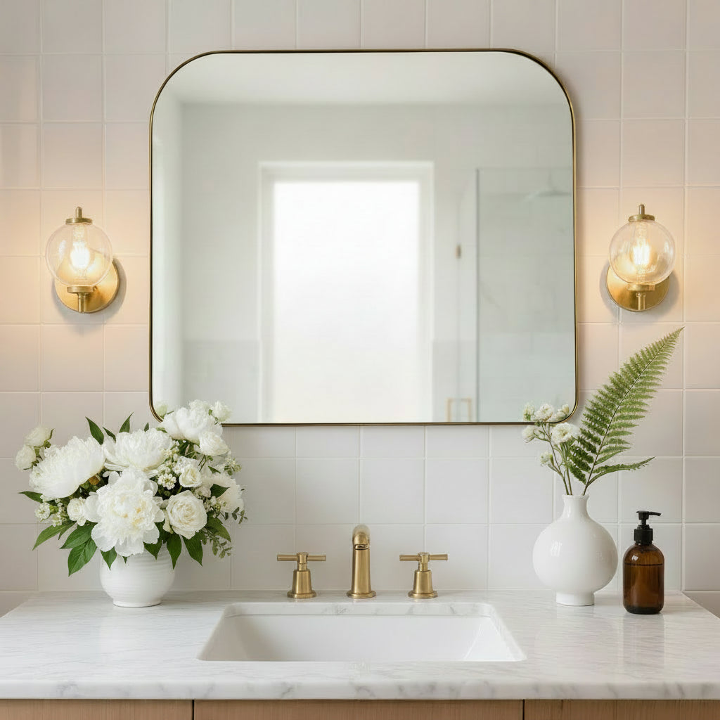Modern Mantel Wide Arch Rectangle Bathroom Vanity Mirror | Stainless Steel Frame