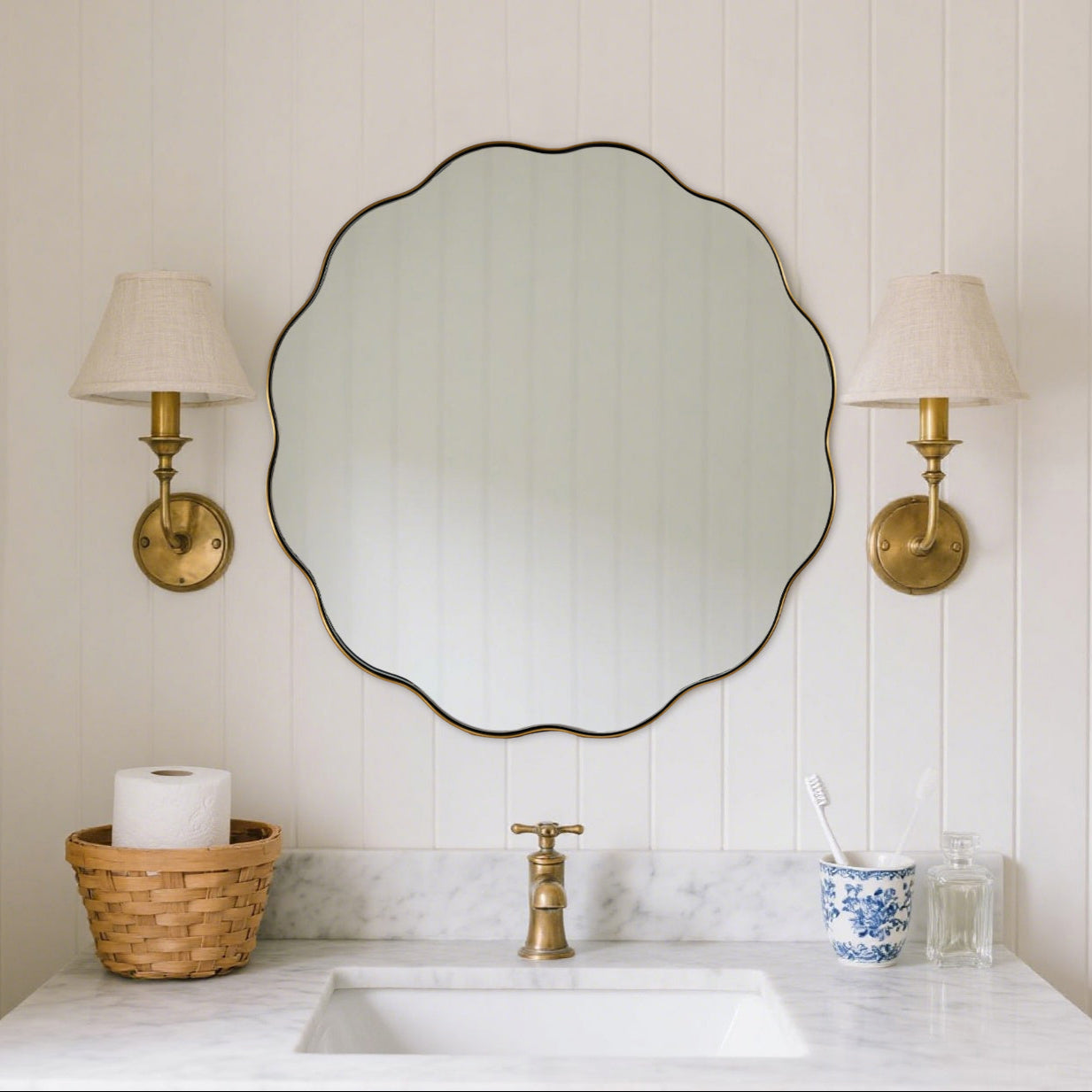 Contemporary Round Scalloped Mirror Wavy Circle Bathroom Vanity Mirror | Stainless Steel Frame