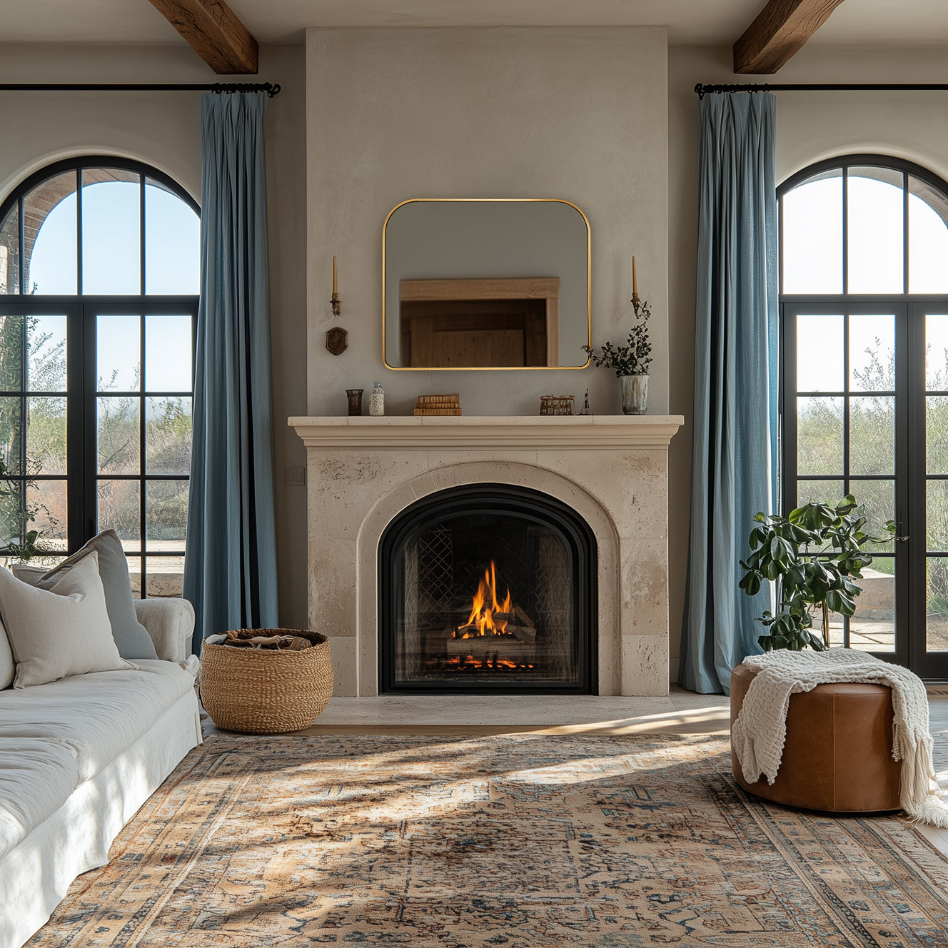 Anthropology Bold-Frame Wide Arch Mantel Mirror Bathroom Vanity Mirror ,Over the Fireplace | Stainless Steel Frame