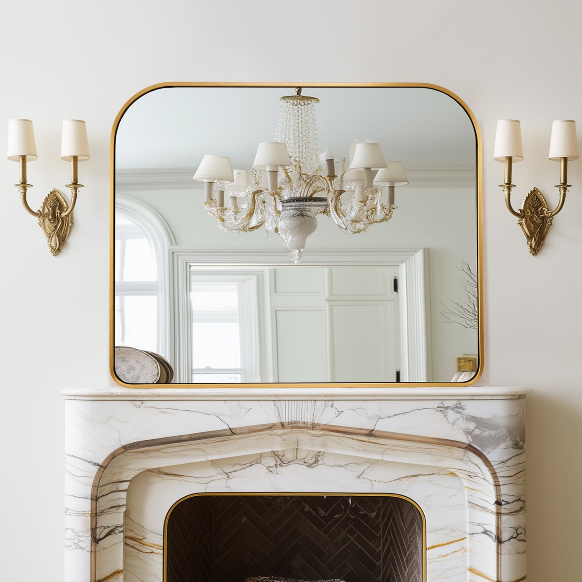 Anthropology Bold-Frame Wide Arch Mantel Mirror Bathroom Vanity Mirror ,Over the Fireplace | Stainless Steel Frame