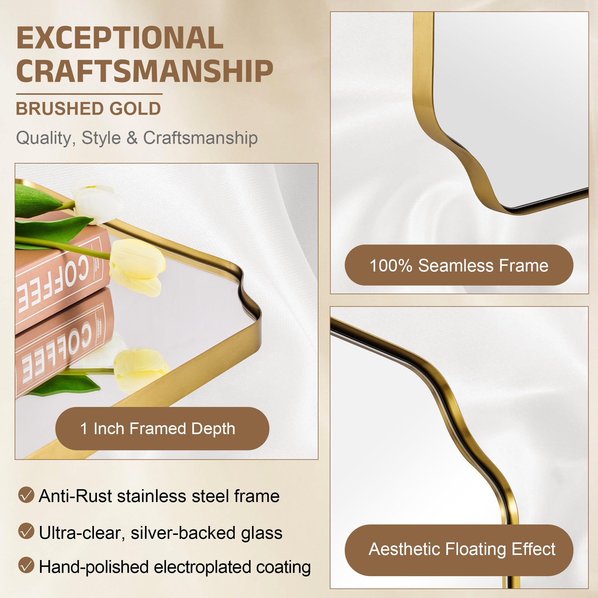 Contemporary Notched Corner Rectangle Scalloped Mirror for Wall /Bathroom | Stainless Steel Frame