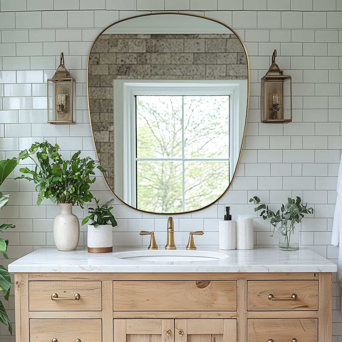Contemporary Irregular Pebble Organic Bathroom Wall Mirror Asymmetric Decorative Mirror | Stainless Steel Frame